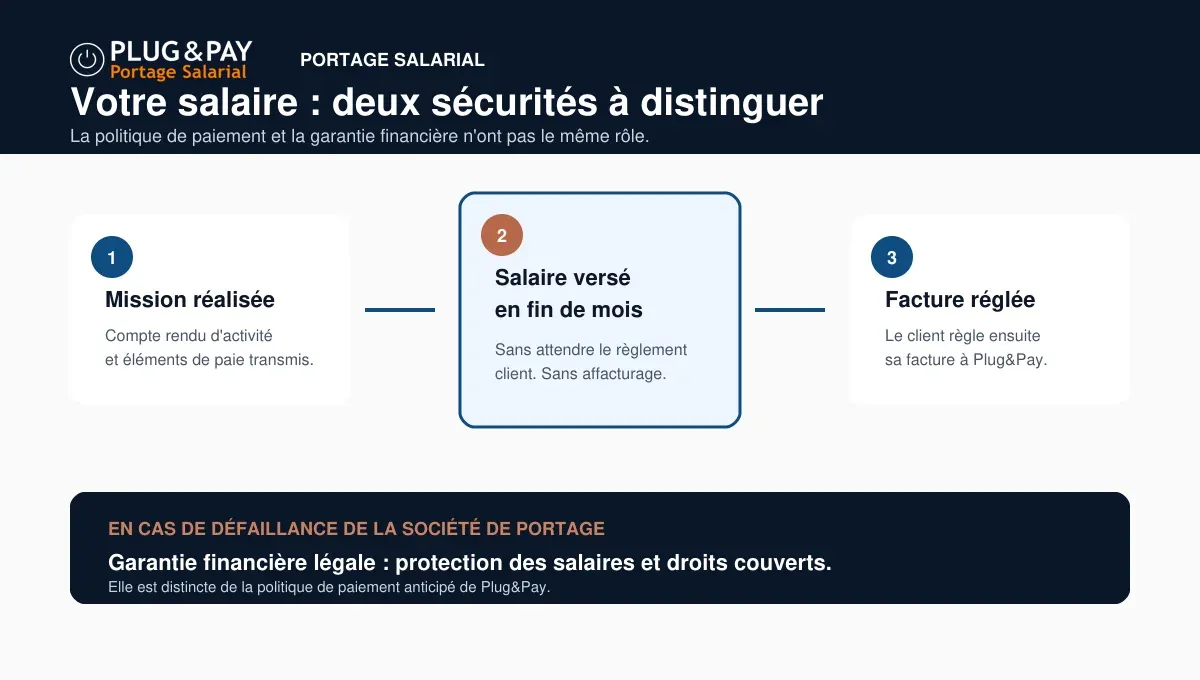 Schéma du versement intégral du salaire en fin de mois par Plug&Pay, avant le règlement client, et de la garantie financière légale.