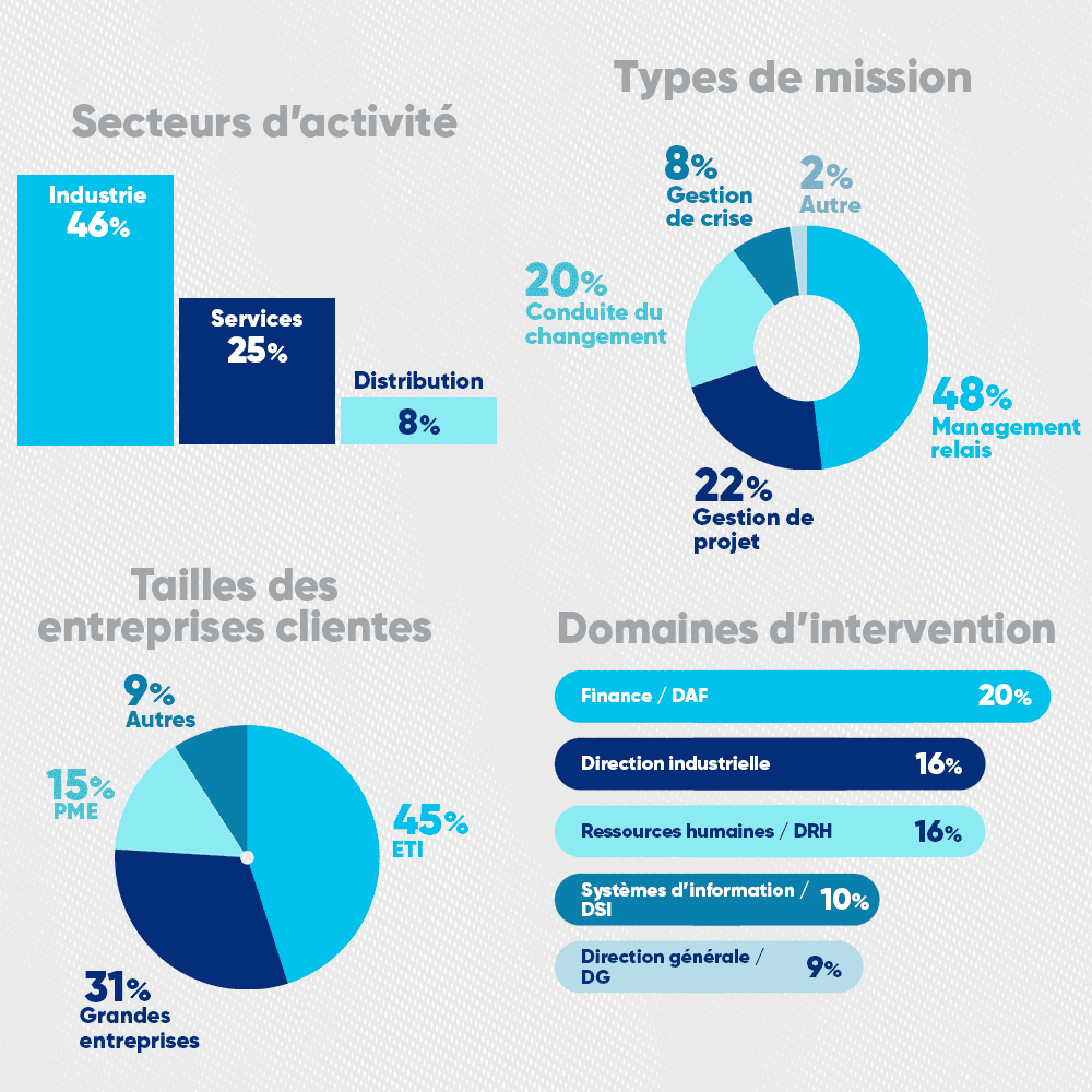 Missions du manager de transition par types, domaines, secteurs et tailles d’entreprises clientes en France.