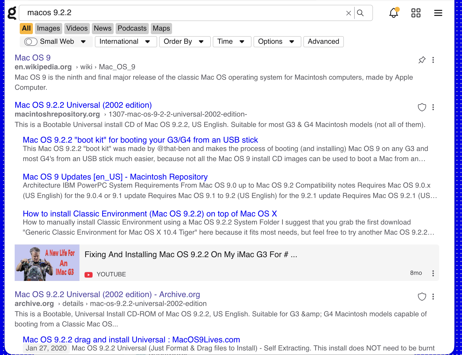 A screenshot of search results for "macos 9.2.2" on Kagi using a compact stylesheet. The result shows blue links and eight results, including one video.