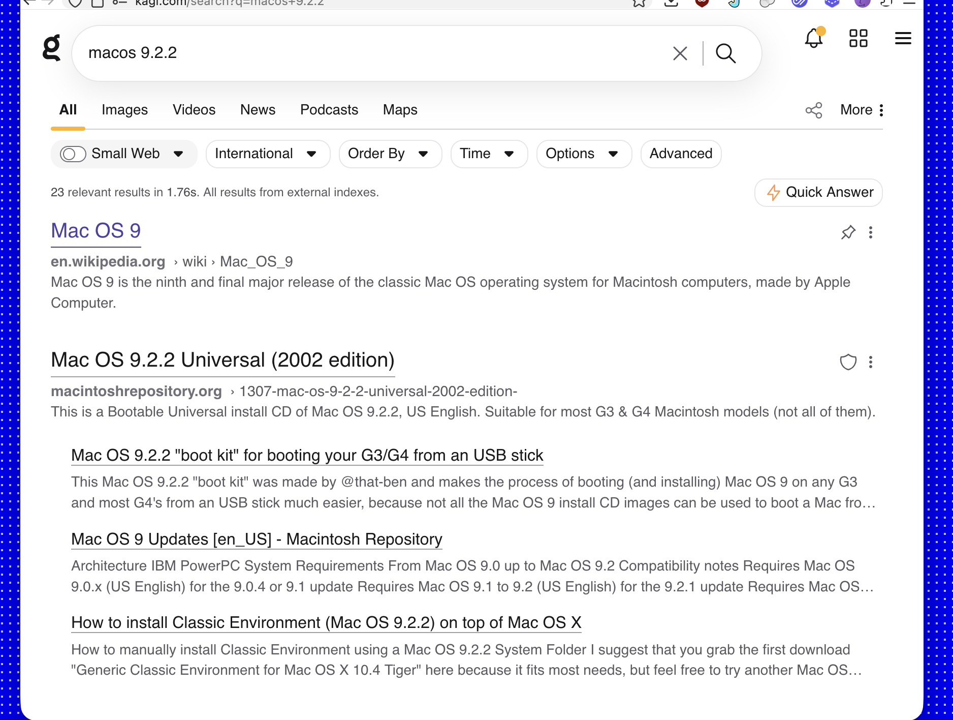 A screenshot of search results for "macos 9.2.2" on Kagi. The result shows black links and five results.