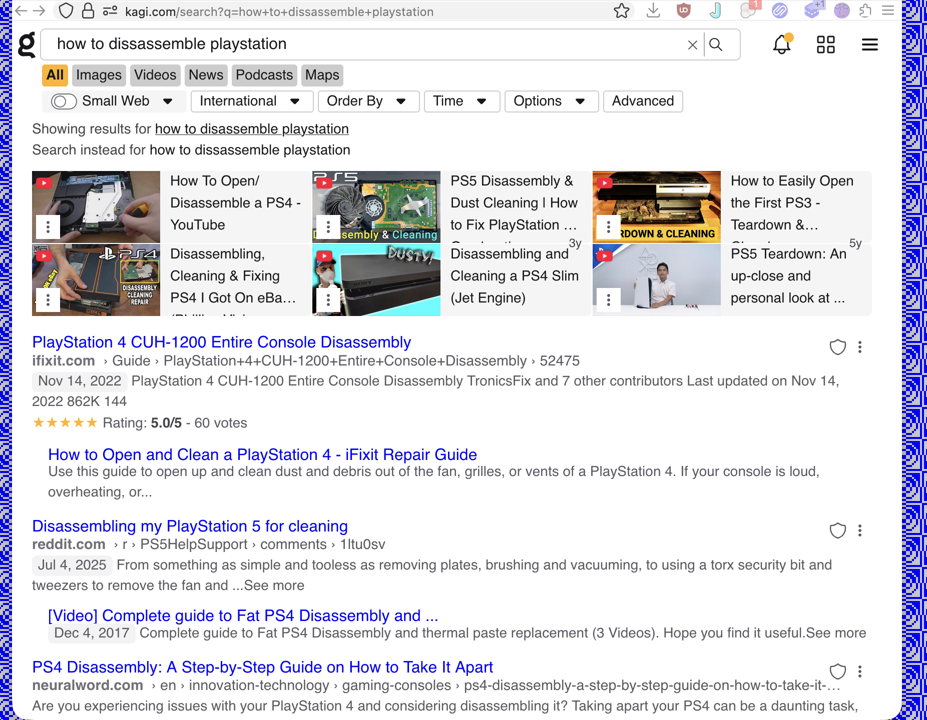 A screenshot of search results for "how to disassemble playstation" on Kagi using a compact stylesheet. The result shows blue links and eleven results, including six videos.