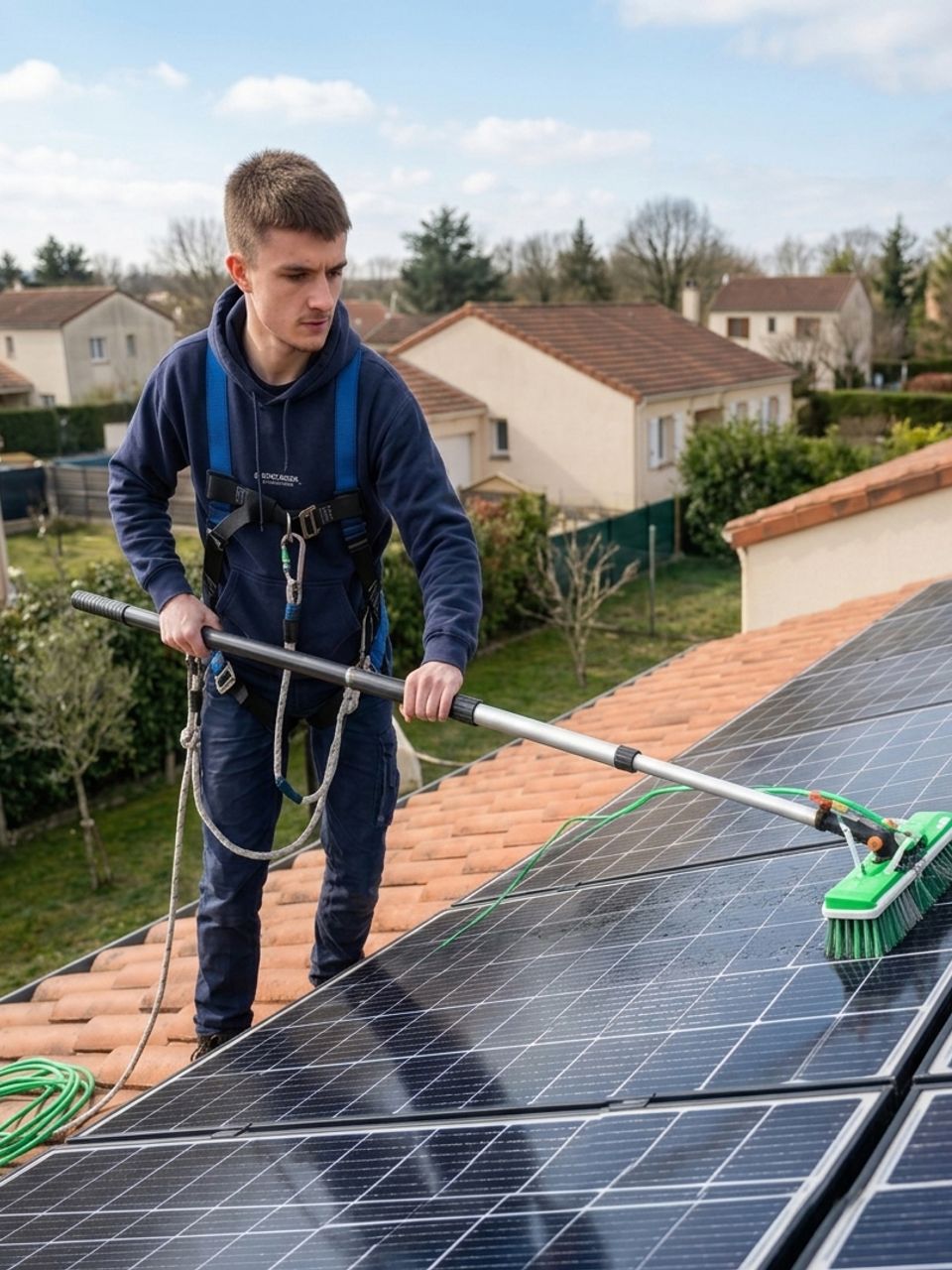 Intervention sécurisée pour le nettoyage de panneaux solaires - Optipropre