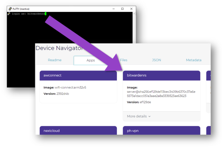Screenshot showing PuTTY logging into SSH with the same username that appears in Pantacor Apps interface