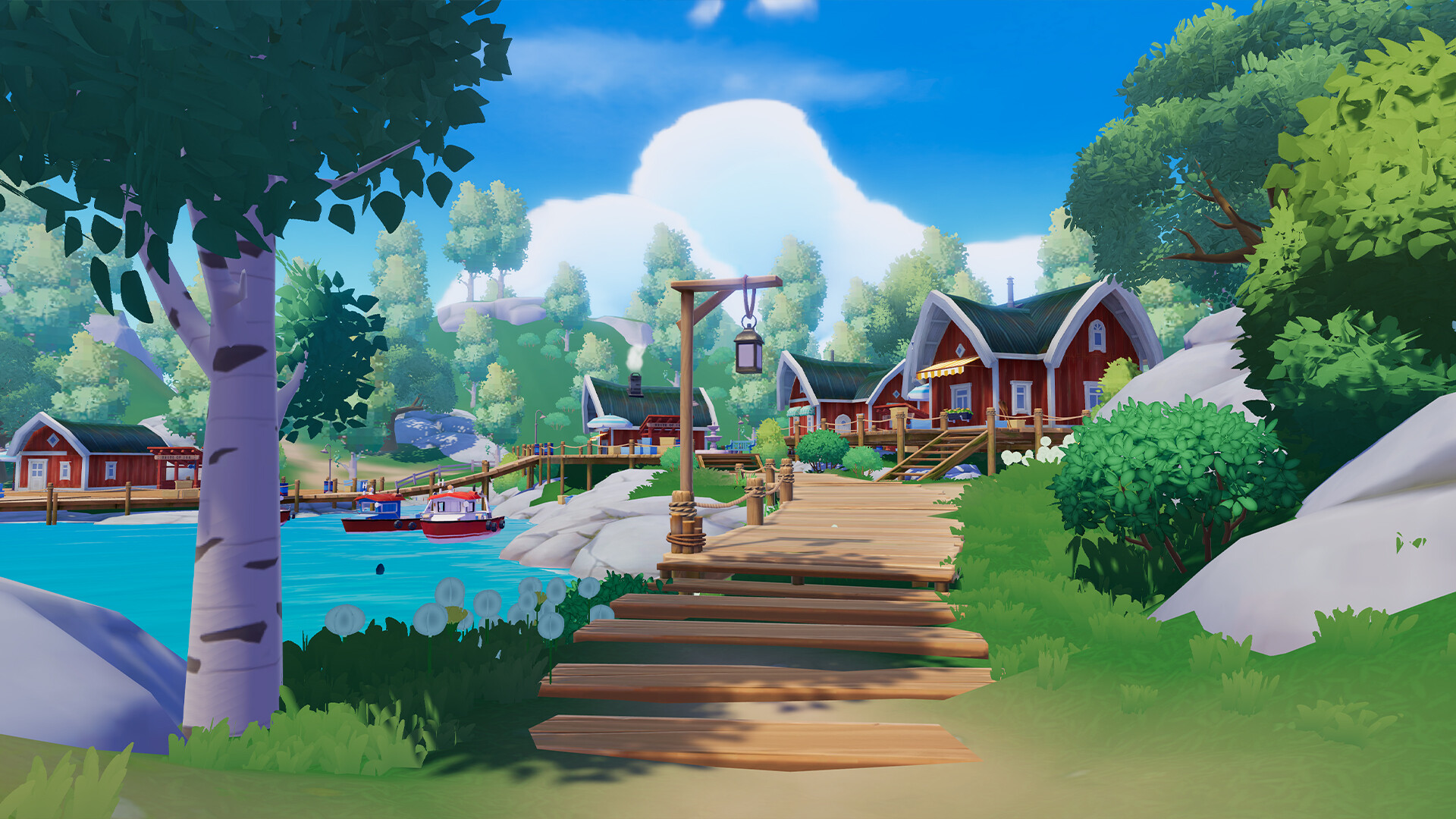 Un ponton de bois menant à des maisons rouges au bord de l'eau dans Heartopia, avec des bateaux amarrés