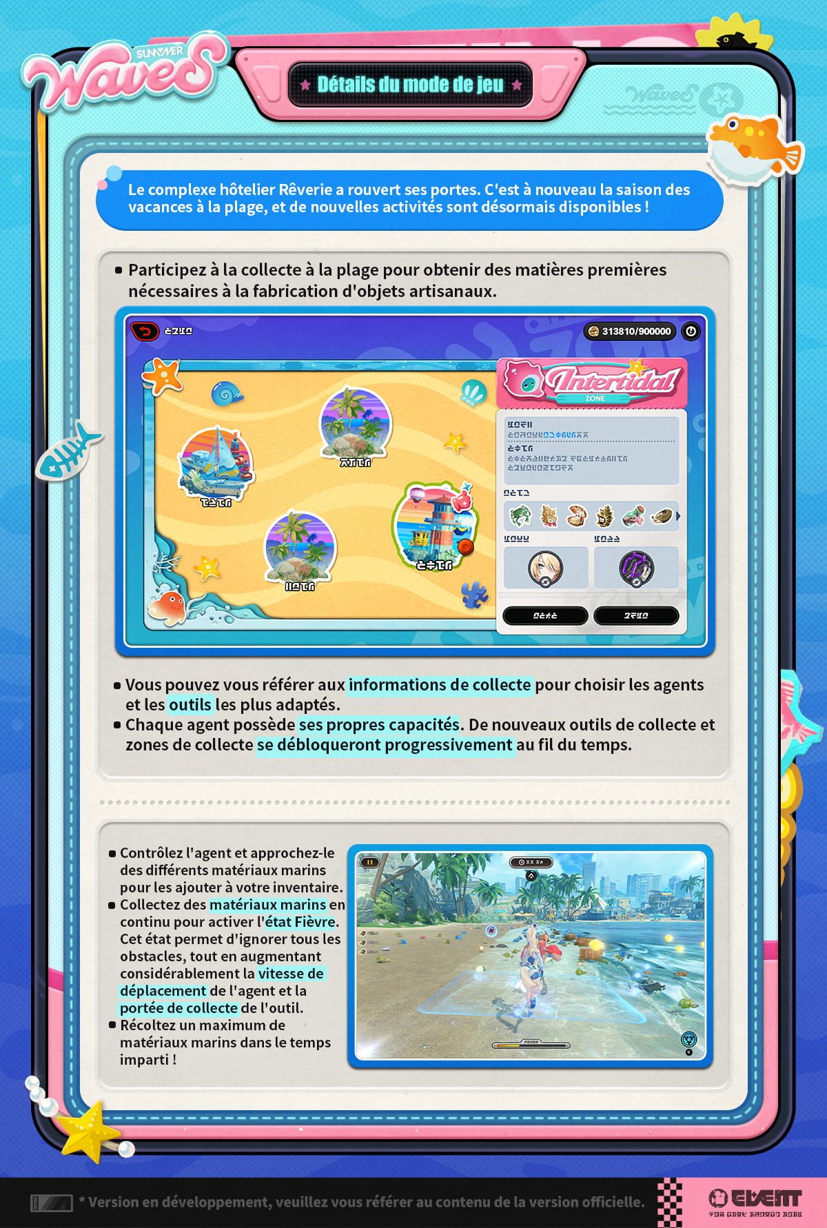 Infographie officielle française expliquant la collecte à la plage de Déferlement des vagues d'été dans Zenless Zone Zero