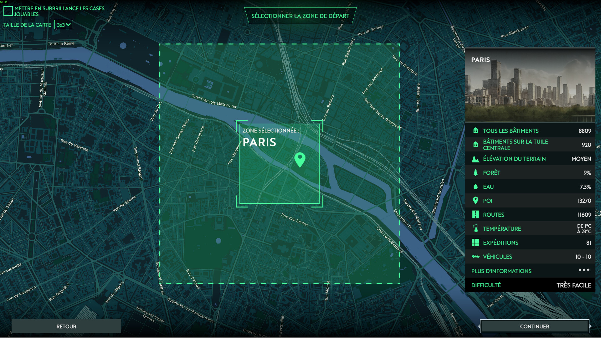 Mappa del centro di Parigi in Infection Free Zone, con la zona di partenza racchiusa in verde.