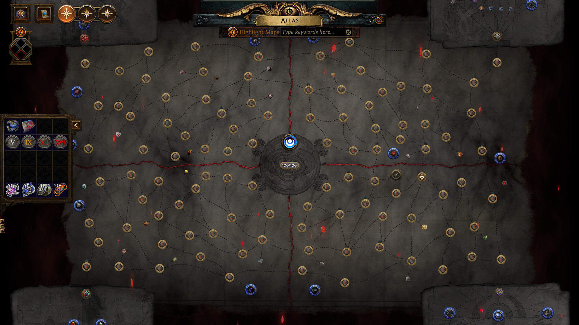 L'écran de l'Atlas de Path of Exile, avec les cartes reliées entre elles