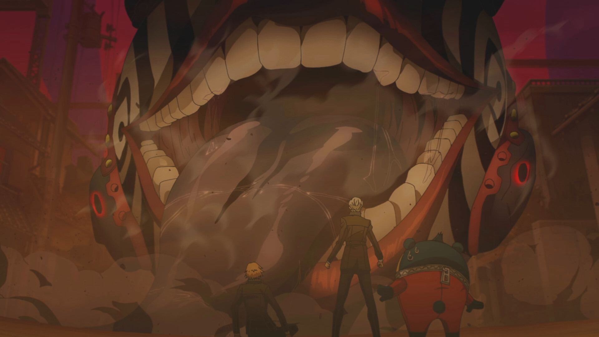 Cinématique en animation 2D : trois membres du groupe, dont Teddie, vus de dos devant la gueule ouverte d'une Ombre géante.