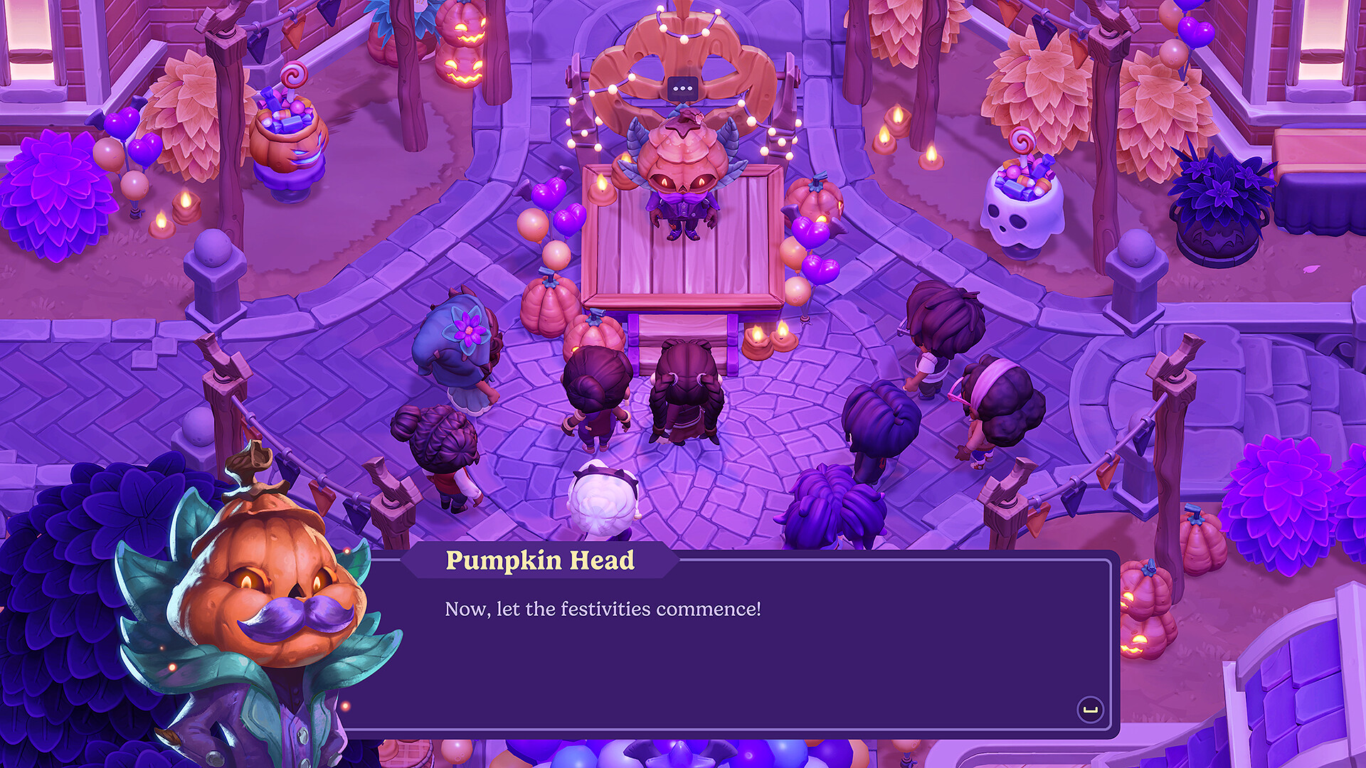 Pumpkin Head ouvre les festivités du village dans Moonlight Peaks, entouré de citrouilles