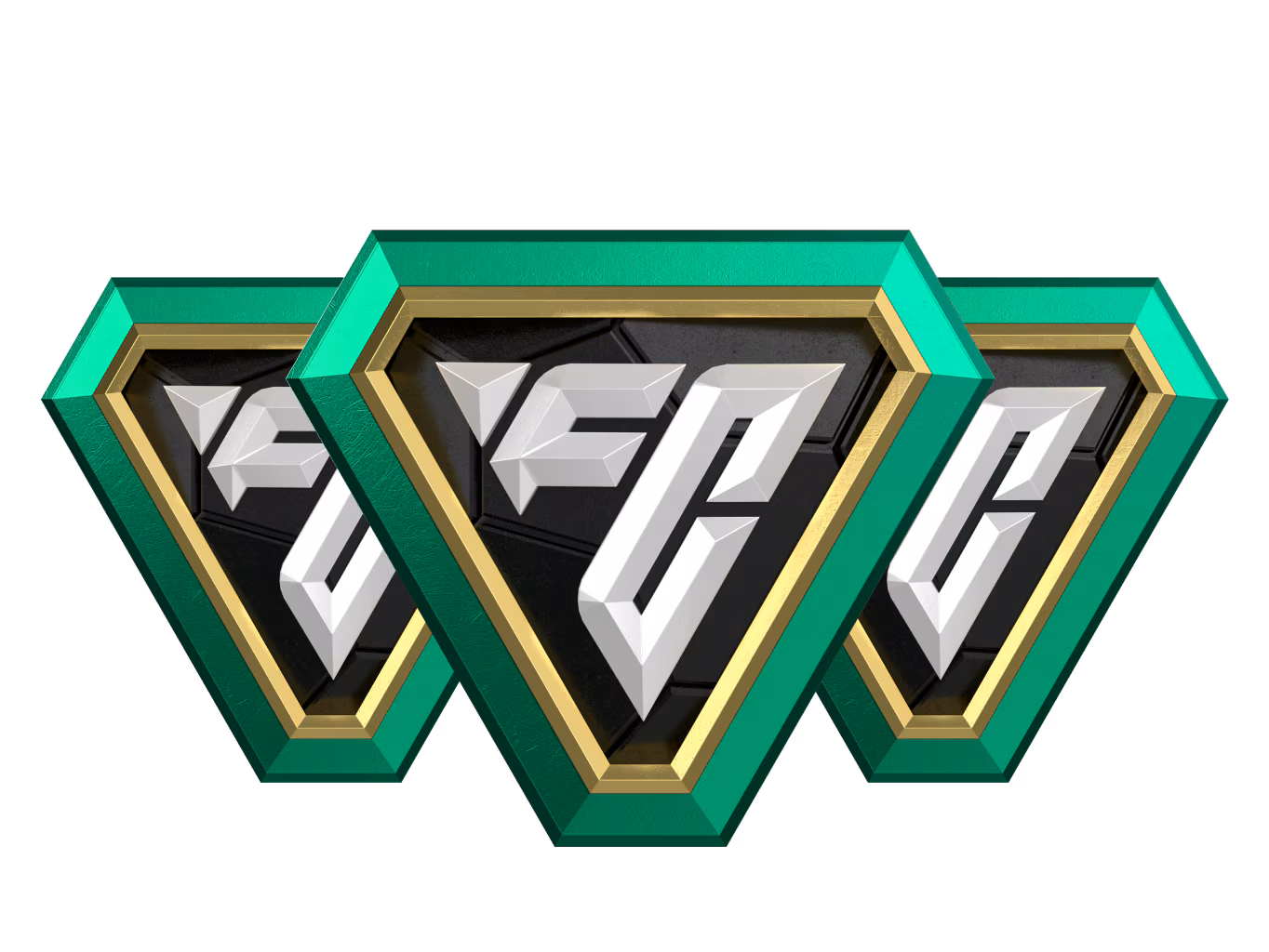 Trois emblèmes officiels des Points FC d'EA Sports, en vert et or, alignés côte à côte