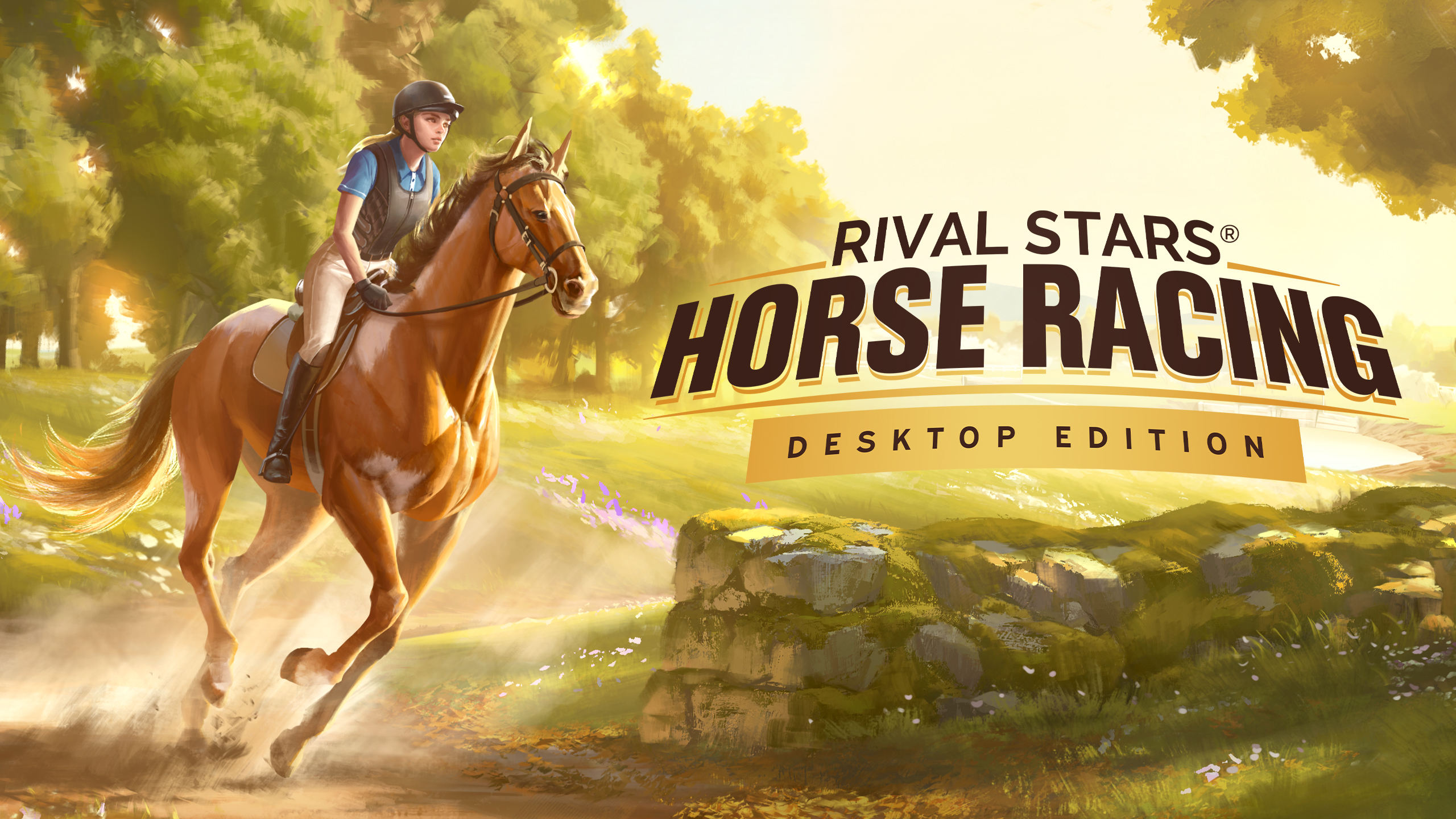 Una amazona al galope sobre un caballo alazán en un campo soleado, junto al logo de Rival Stars Horse Racing: Desktop Edition