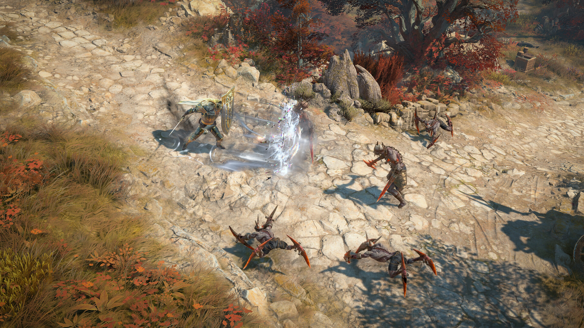 Un Paladin de Diablo IV, épée et grand bouclier doré, déclenche un impact lumineux au sol face à un groupe de démons