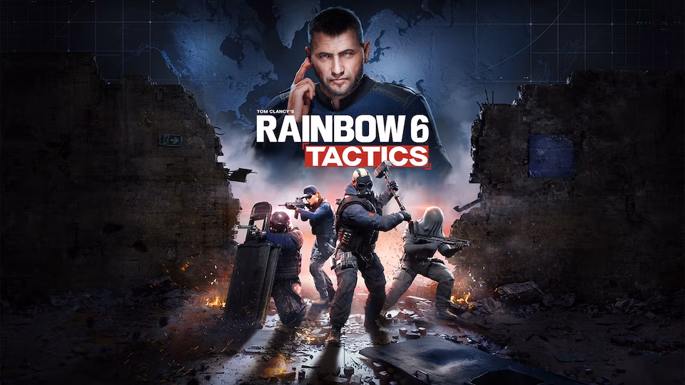 Visuel d'annonce de Rainbow Six Tactics : quatre agents en position dans un bâtiment éventré, sous le logo du jeu et le portrait de leur commandant.