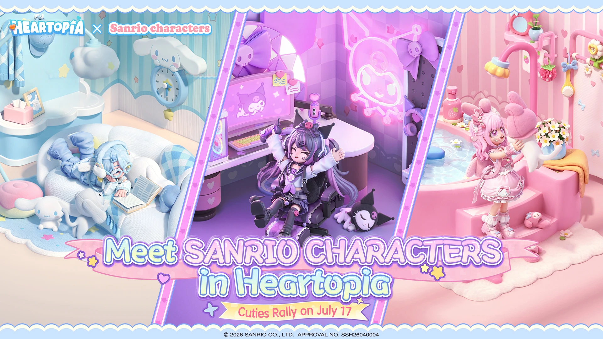 Ilustración oficial de la colaboración Heartopia x SANRIO CHARACTERS