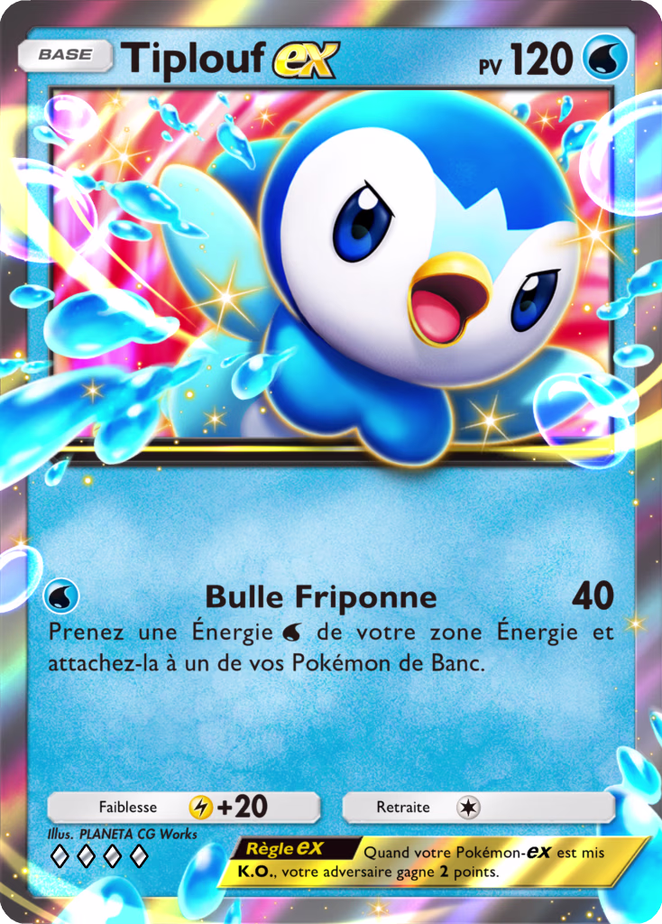 Carte française Tiplouf-ex, Pokémon de base de type Eau, 120 PV, attaque Bulle Friponne