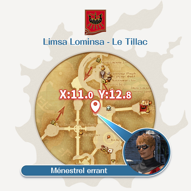 Carte officielle indiquant le Ménestrel errant à Limsa Lominsa - Le Tillac, en X:11,0 Y:12,8