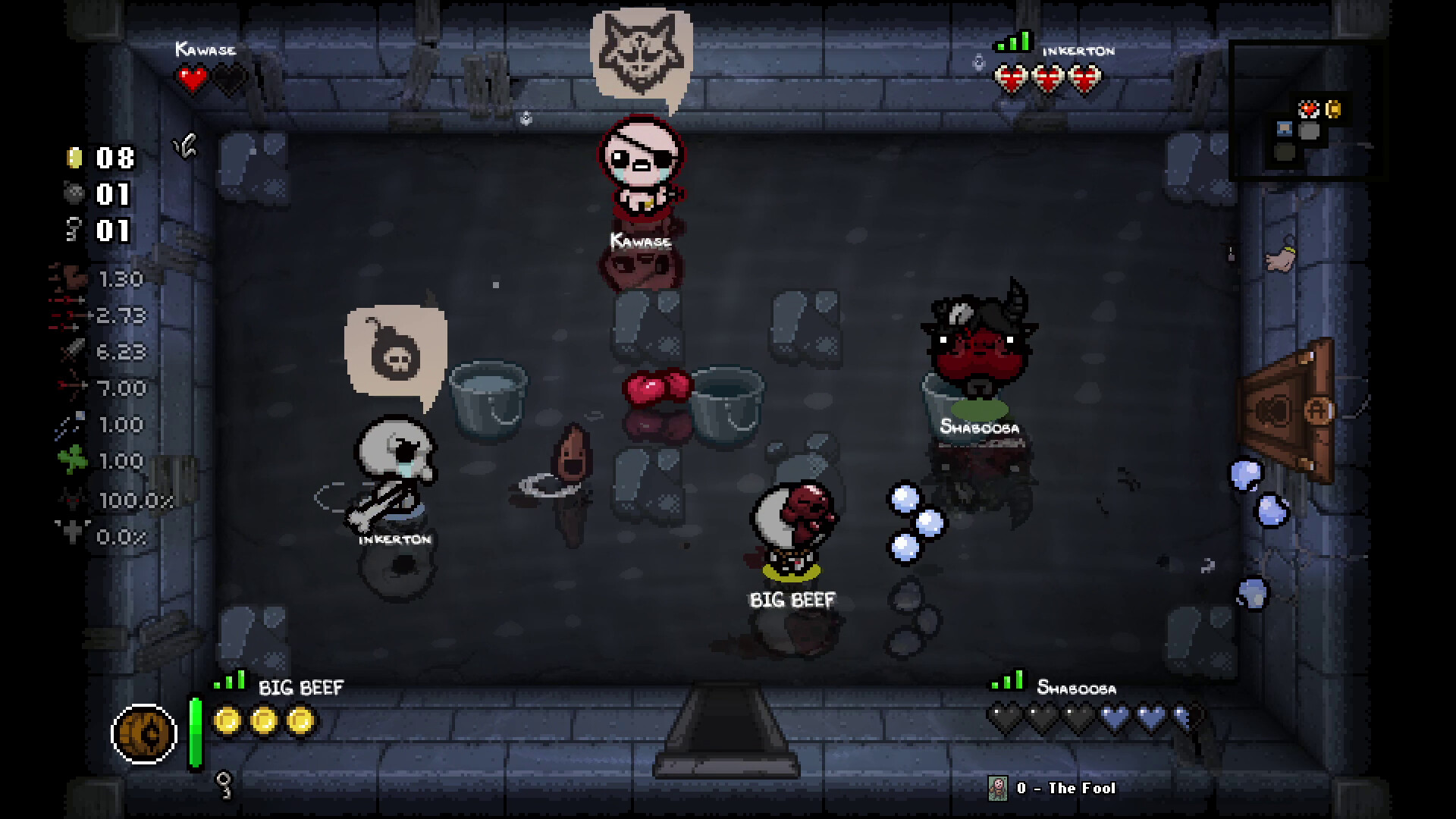 Quatre joueurs de Repentance+ communiquent avec la roue d emotes dans une salle du Dépotoir