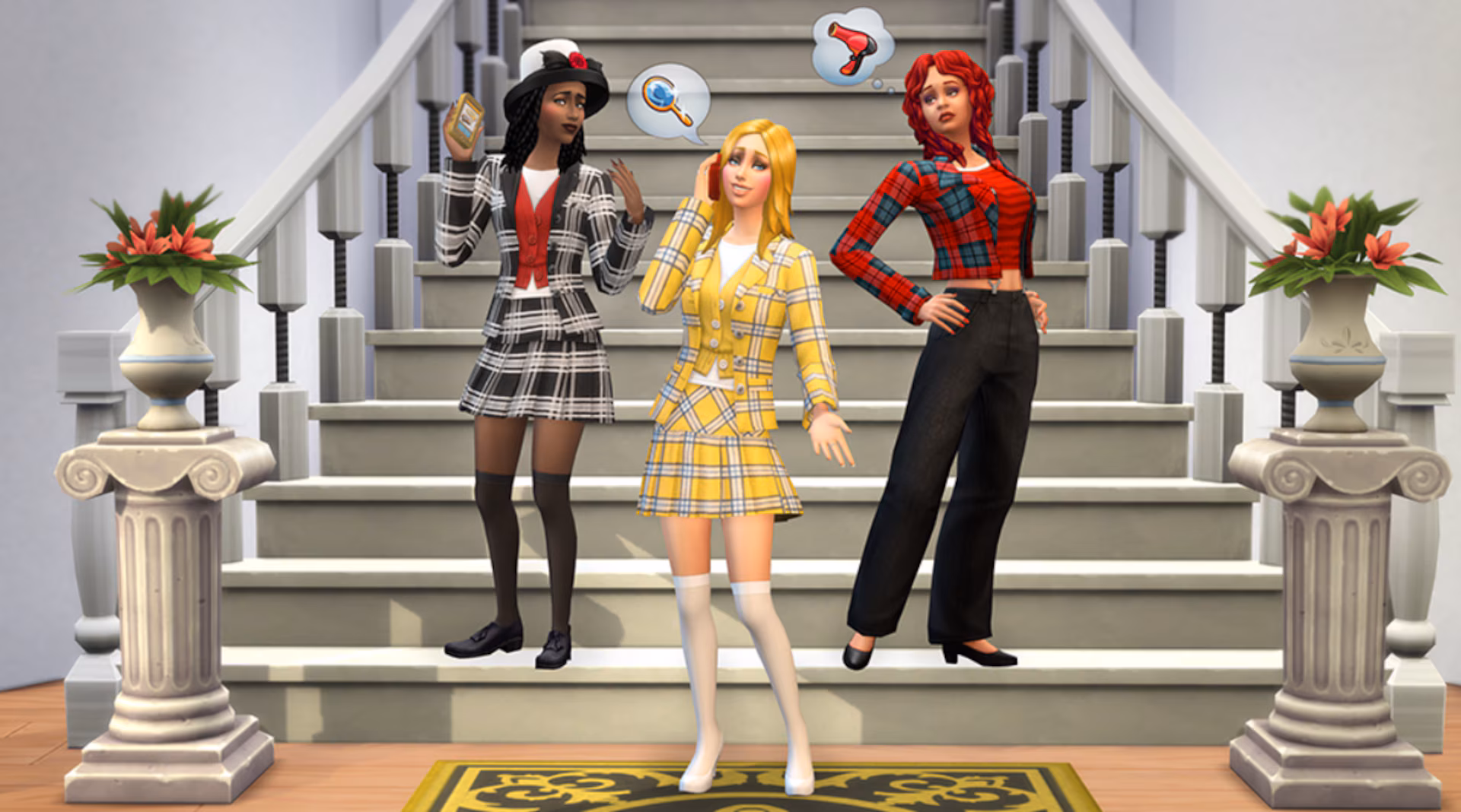 Trois Sims en tailleurs tartan jaune, gris et rouge posent dans un escalier intérieur, visuel du kit Collection capsule Clueless