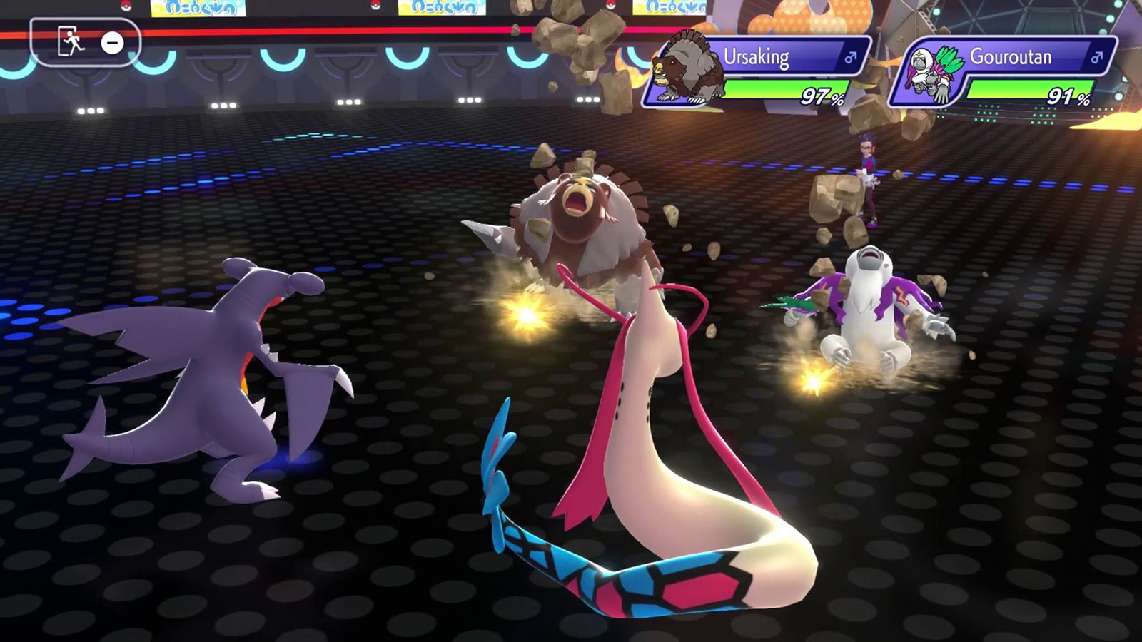 Combat Duo dans Pokémon Champions : Carchacrok et Milobellus face à Ursaking et Gouroutan