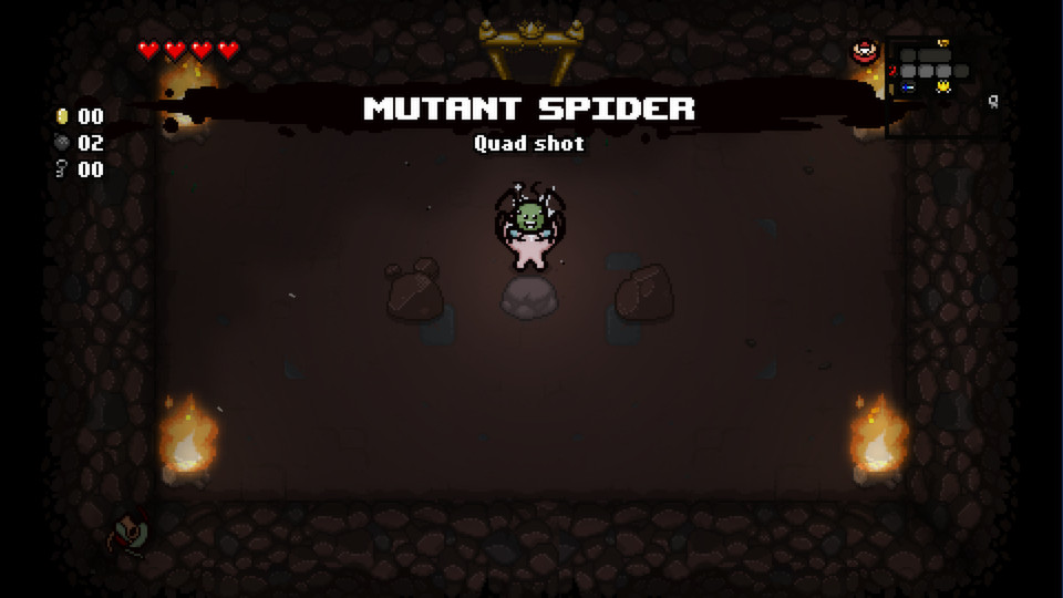 Isaac ramasse Mutant Spider dans une salle au trésor de The Binding of Isaac: Rebirth