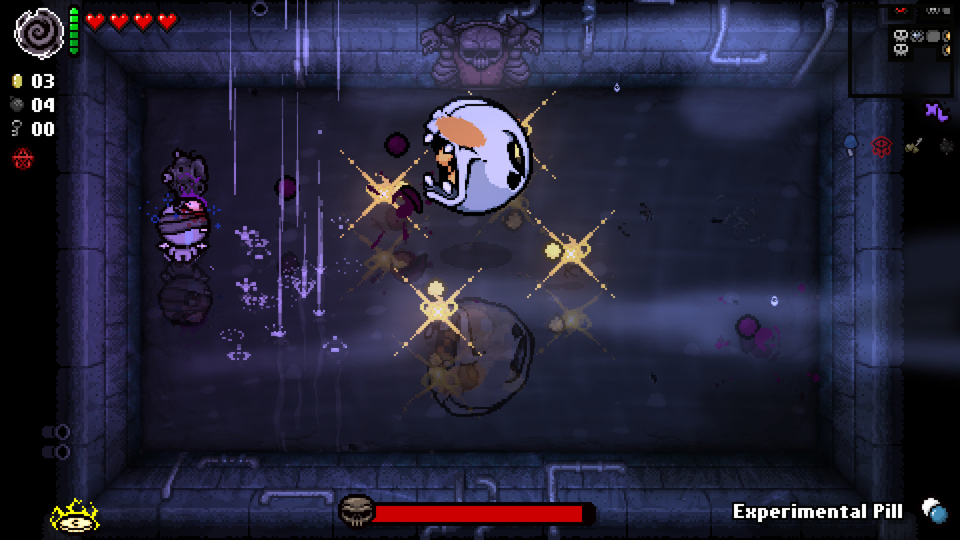 Une salle de The Binding of Isaac: Repentance avec Isaac face à plusieurs ennemis