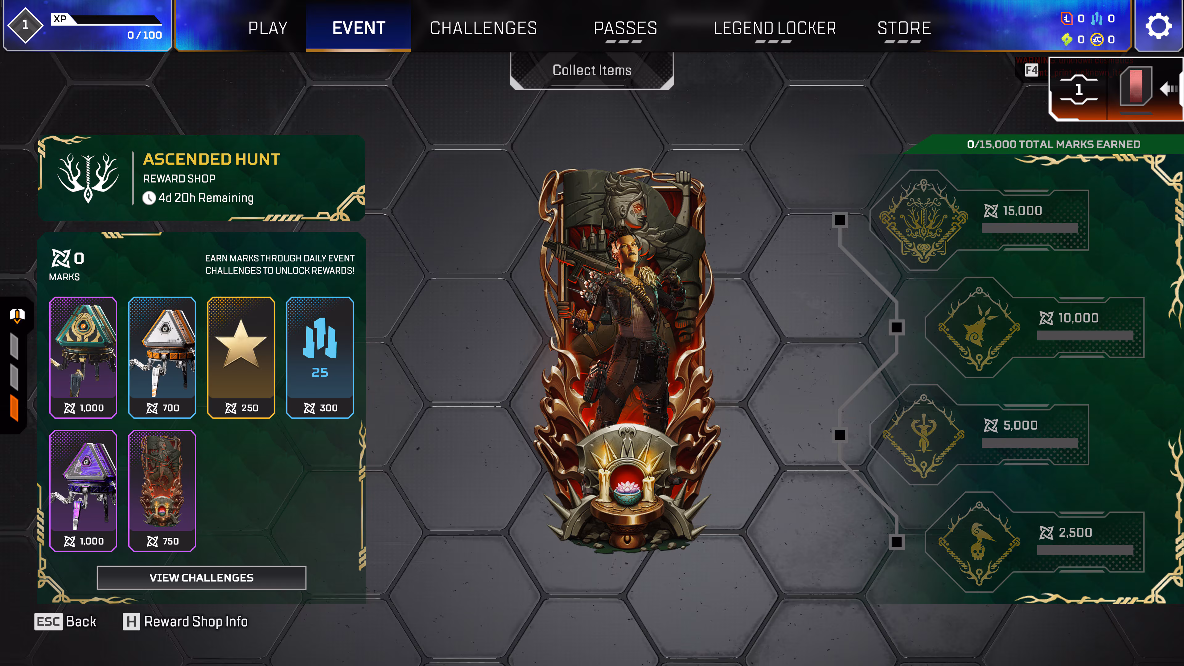 Interface de la boutique de récompenses Traque avancée d'Apex Legends, avec la grille d'objets achetables contre des marques à gauche et la piste de paliers cumulés à droite.
