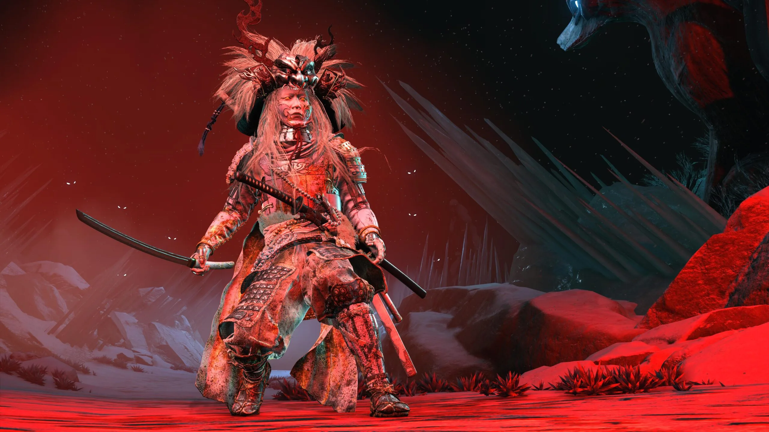 Ein Samurai aus Ghost of Yotei Legends mit gezücktem Schwert vor einer glutroten Landschaft