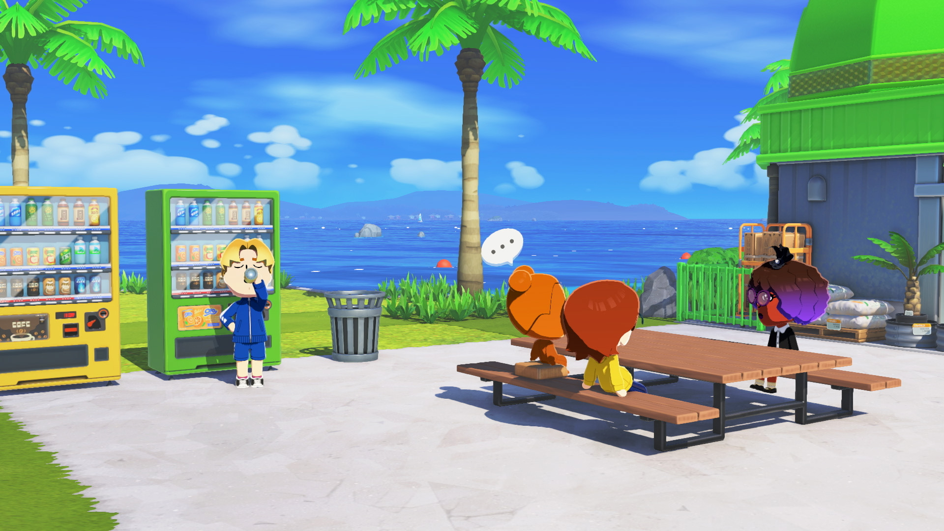 Des Mii attablés et un Mii buvant devant un distributeur sur l'île de Tomodachi Life : Une vie de rêve