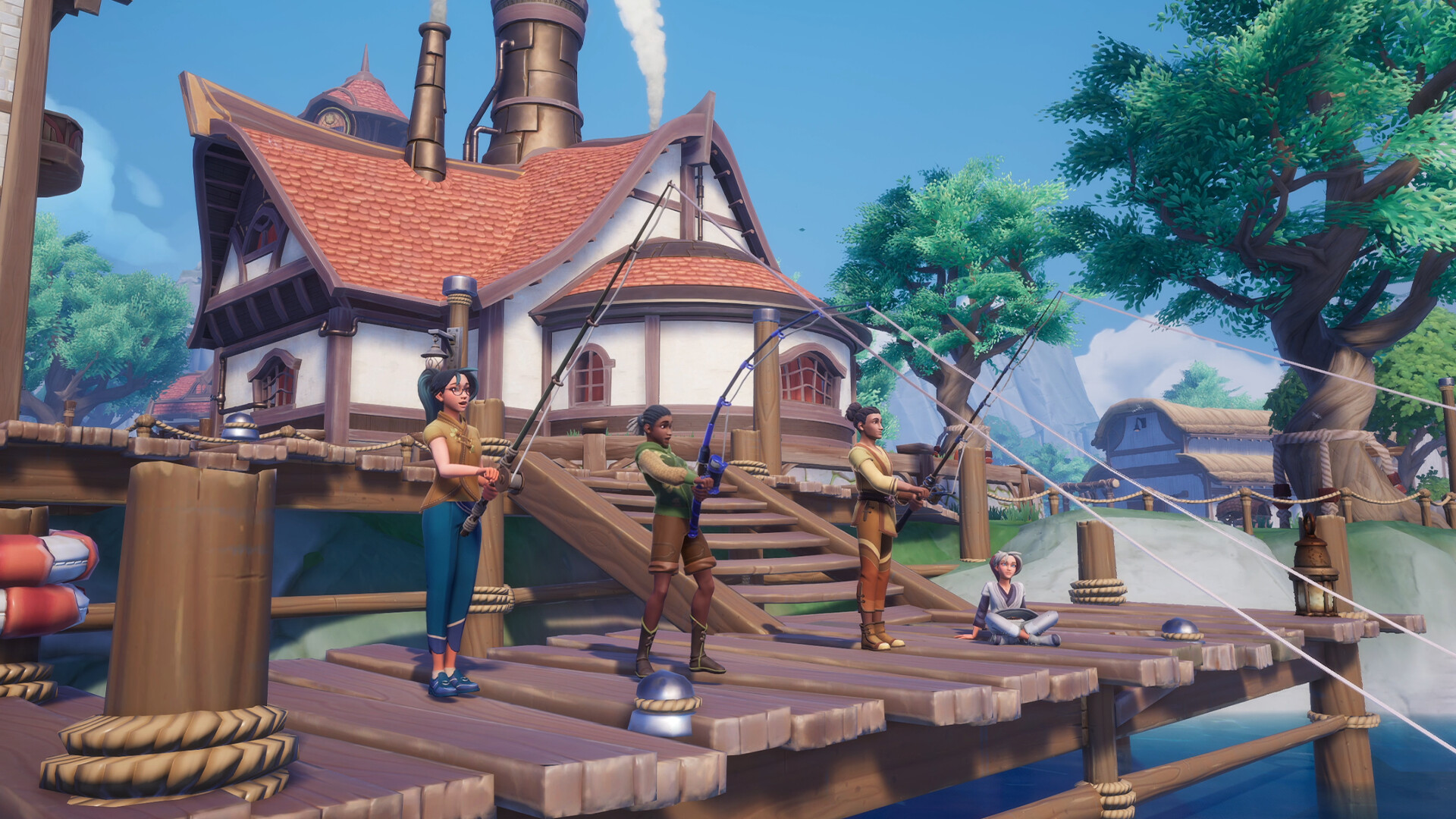 Players fishing from a dock in Palia