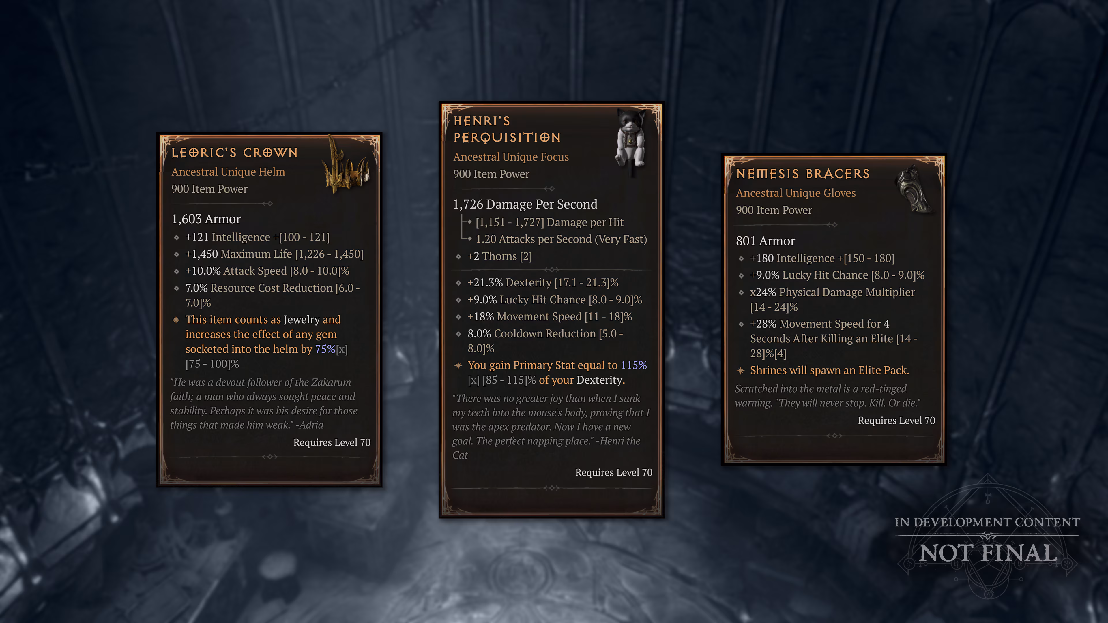 Trois infobulles officielles de Diablo IV affichées en anglais : Couronne de Léoric, Mésaventure d'Henri et Brassards de Némésis, barrées de la mention in development content, not final