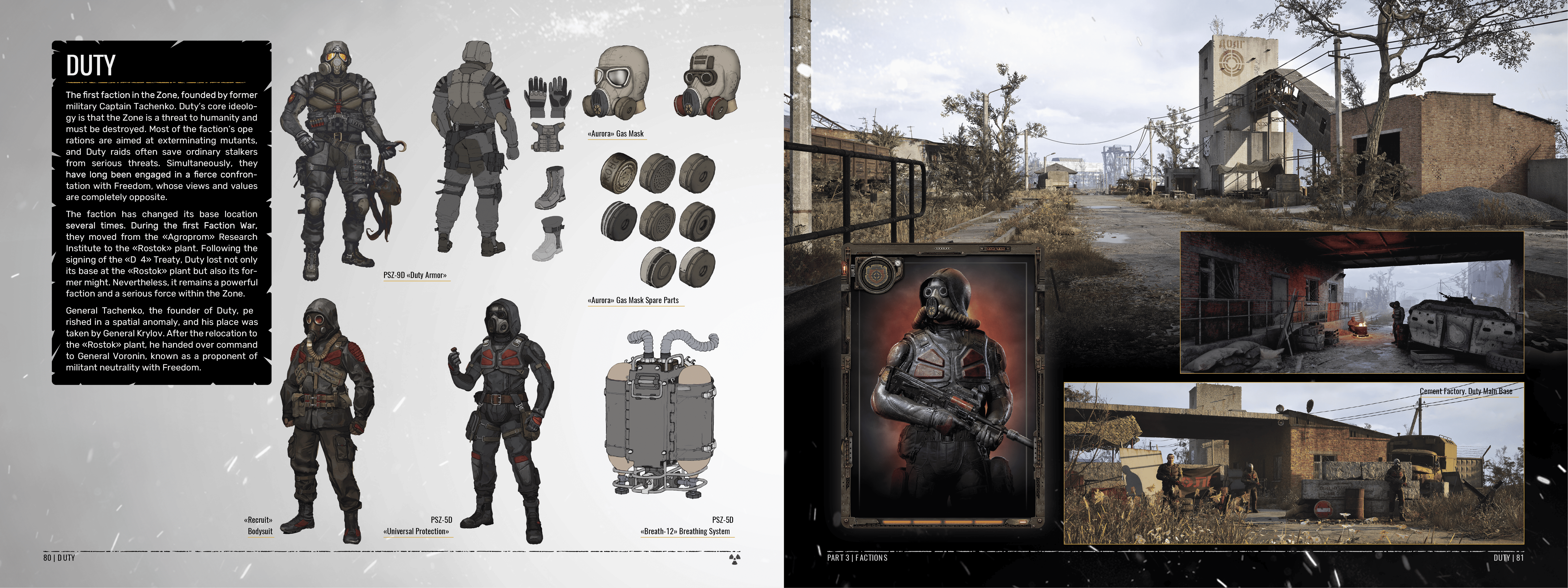 Planche de l'Interactive Almanac consacrée à la faction Duty : tenues PSZ-9D, masques à gaz et vues de la base.