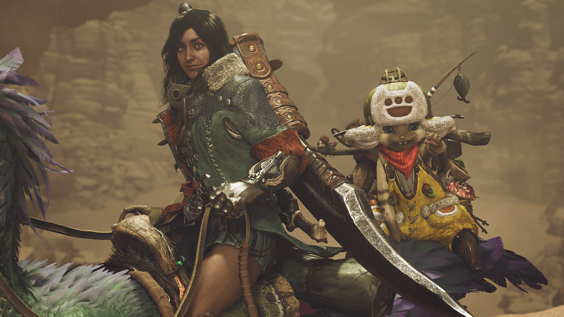 Une chasseuse de Monster Hunter Wilds à dos de Seikret avec son Palico dans les Plaines venteuses