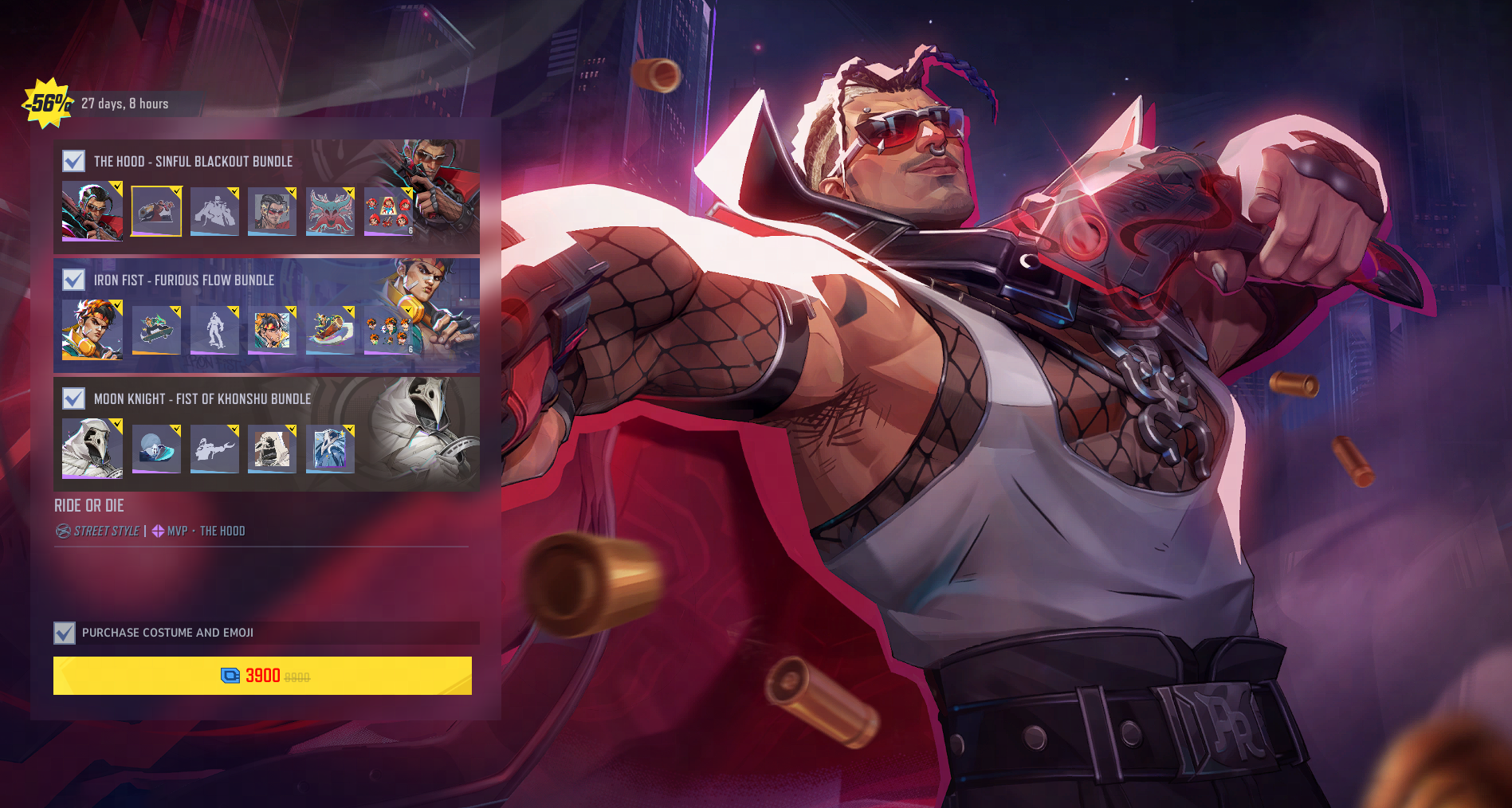 Offizieller Screen des PYO-Bundles von Marvel Rivals mit den drei Kostümen der Season 9.5 und dem anpassbaren Preis