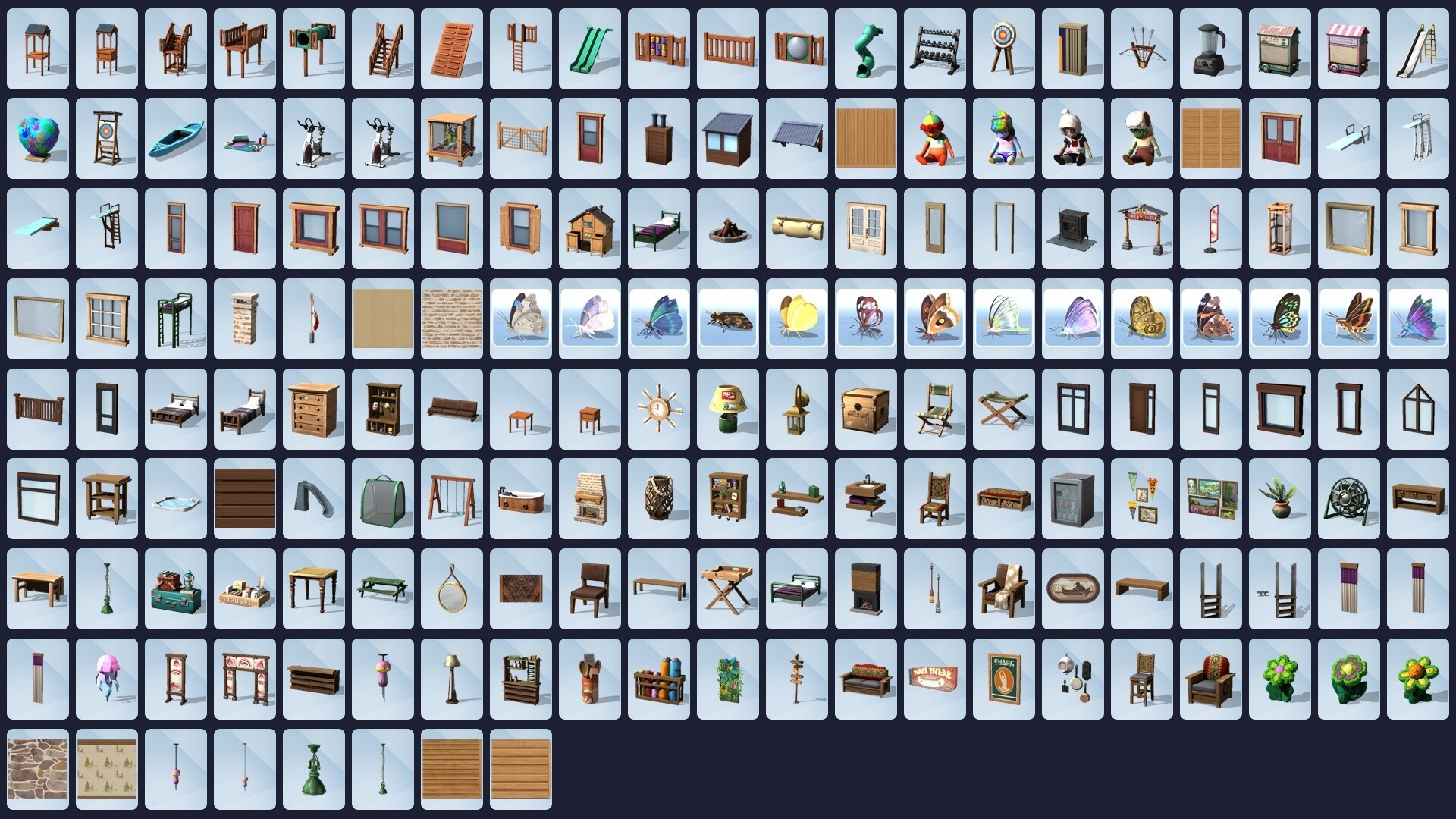 Planche de catalogue officielle du mode Construction : modules de terrain de jeu, toboggans, cible de tir à l'arc, kayak, vélos de spinning, poupées Amimaginaire et une rangée de papillons.