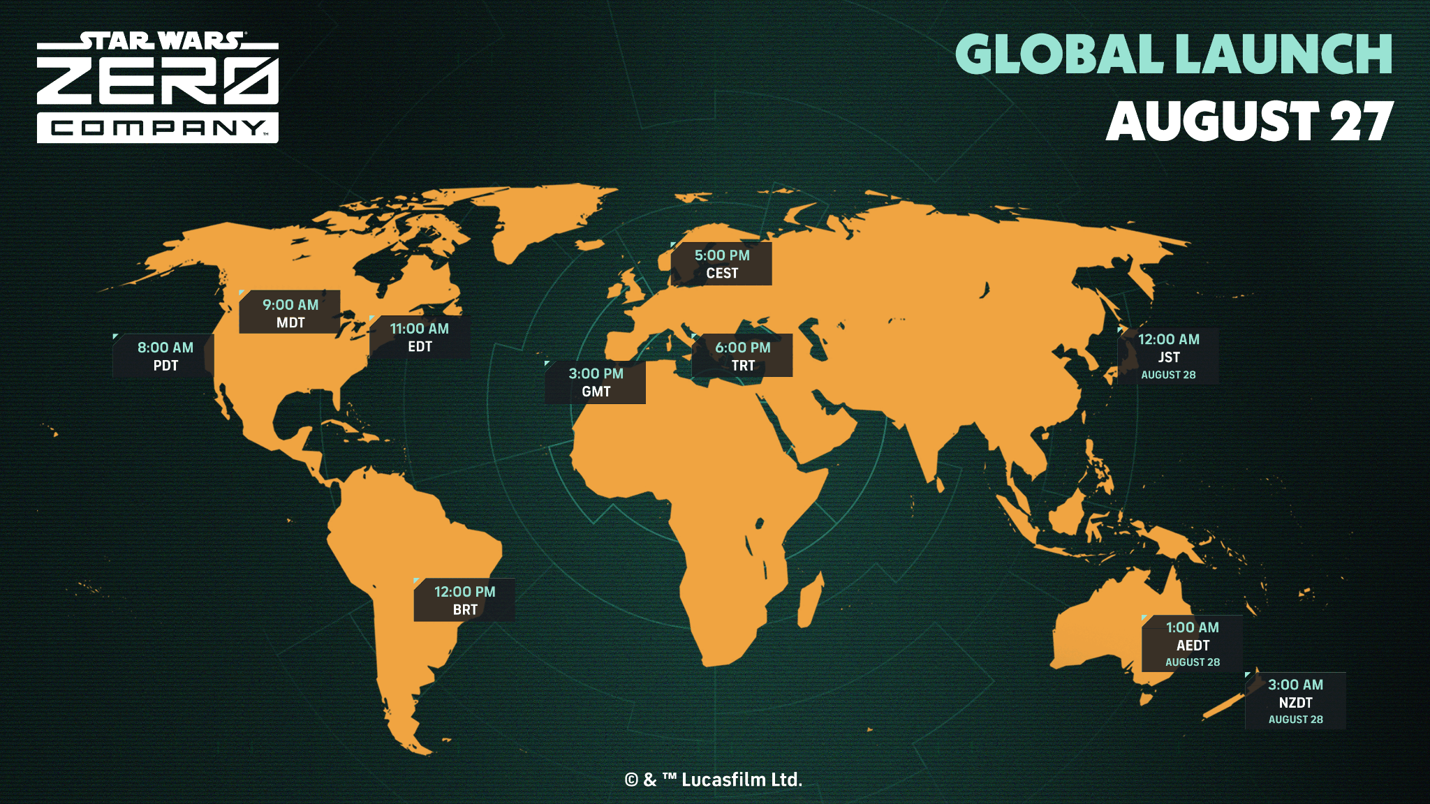 Carte du monde officielle de Star Wars Zero Company indiquant les heures de lancement du 27 août par fuseau horaire, dont 5:00 PM CEST pour l'Europe