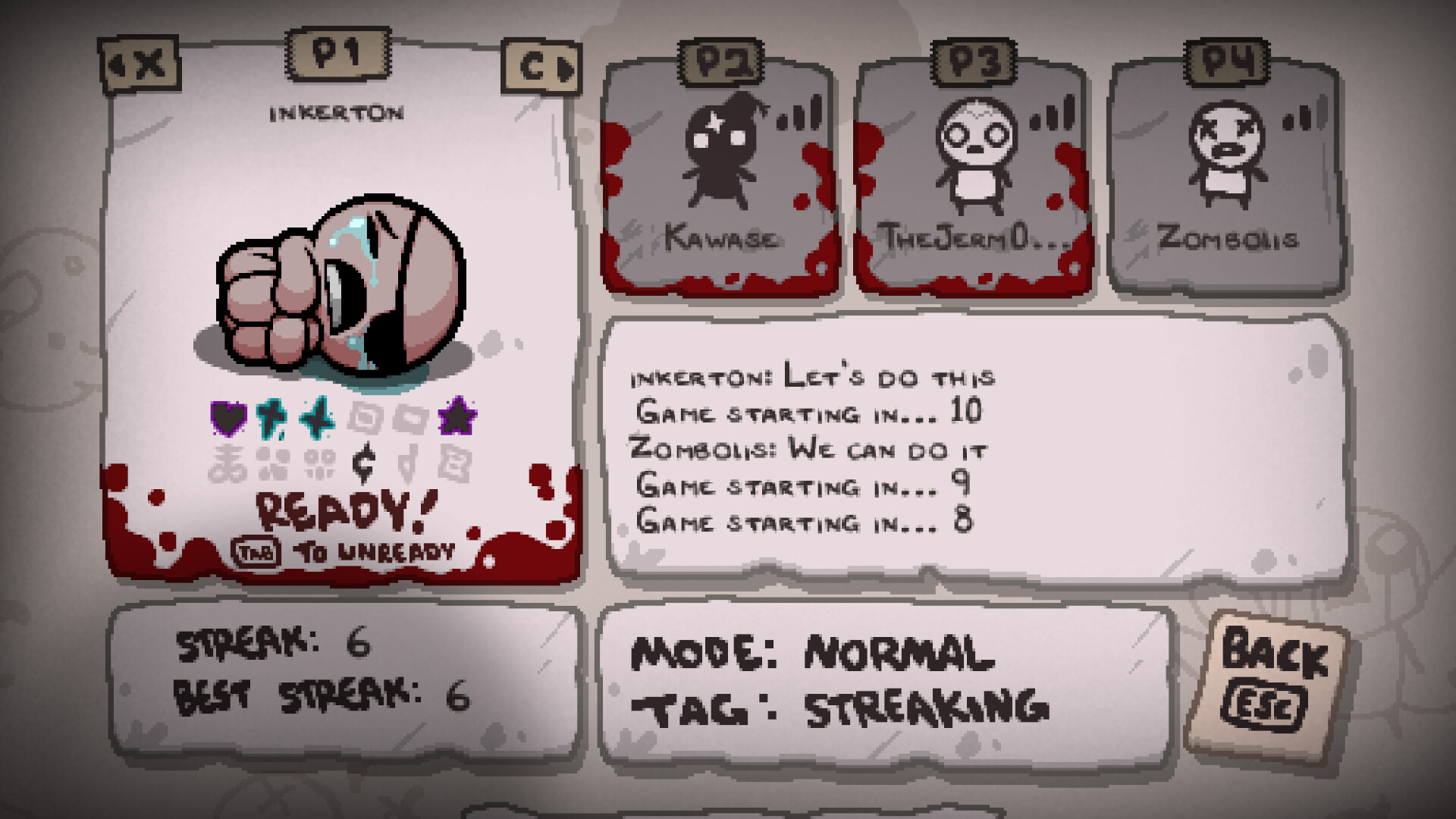 Salon en ligne de The Binding of Isaac Repentance+ avec quatre emplacements de joueurs, le chat et les compteurs de série de victoires