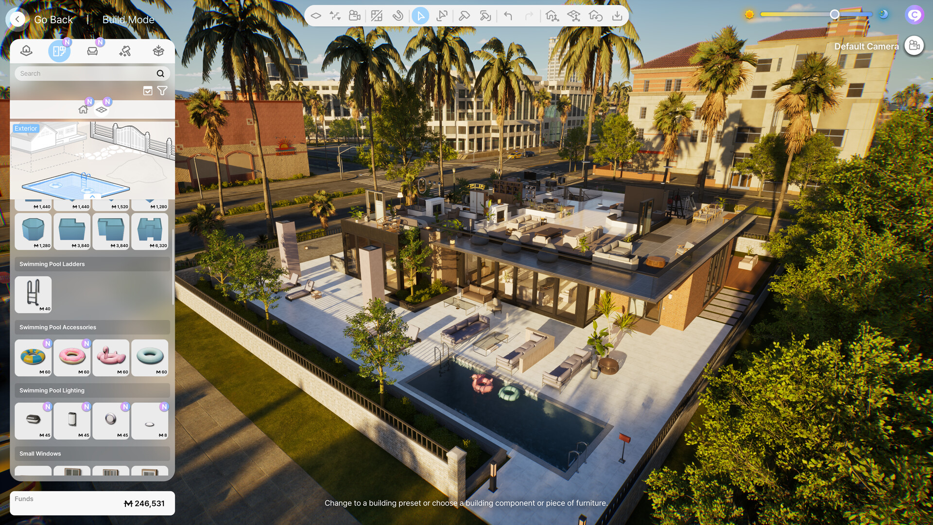 Vue aérienne d'une villa avec piscine en cours d'édition dans le mode Construction d'inZOI à Bliss Bay
