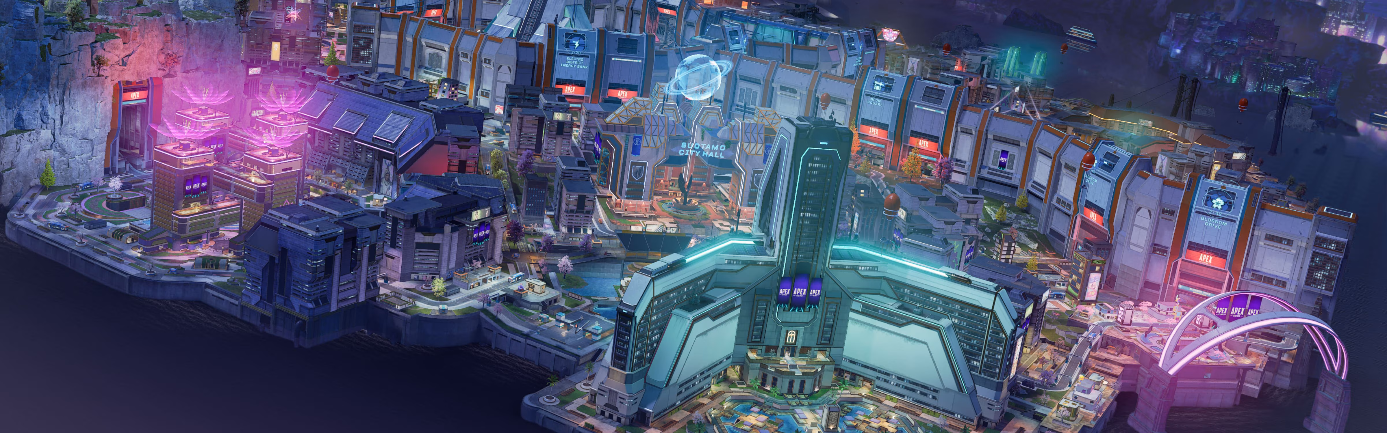 Vue panoramique de la carte E-District d'Apex Legends