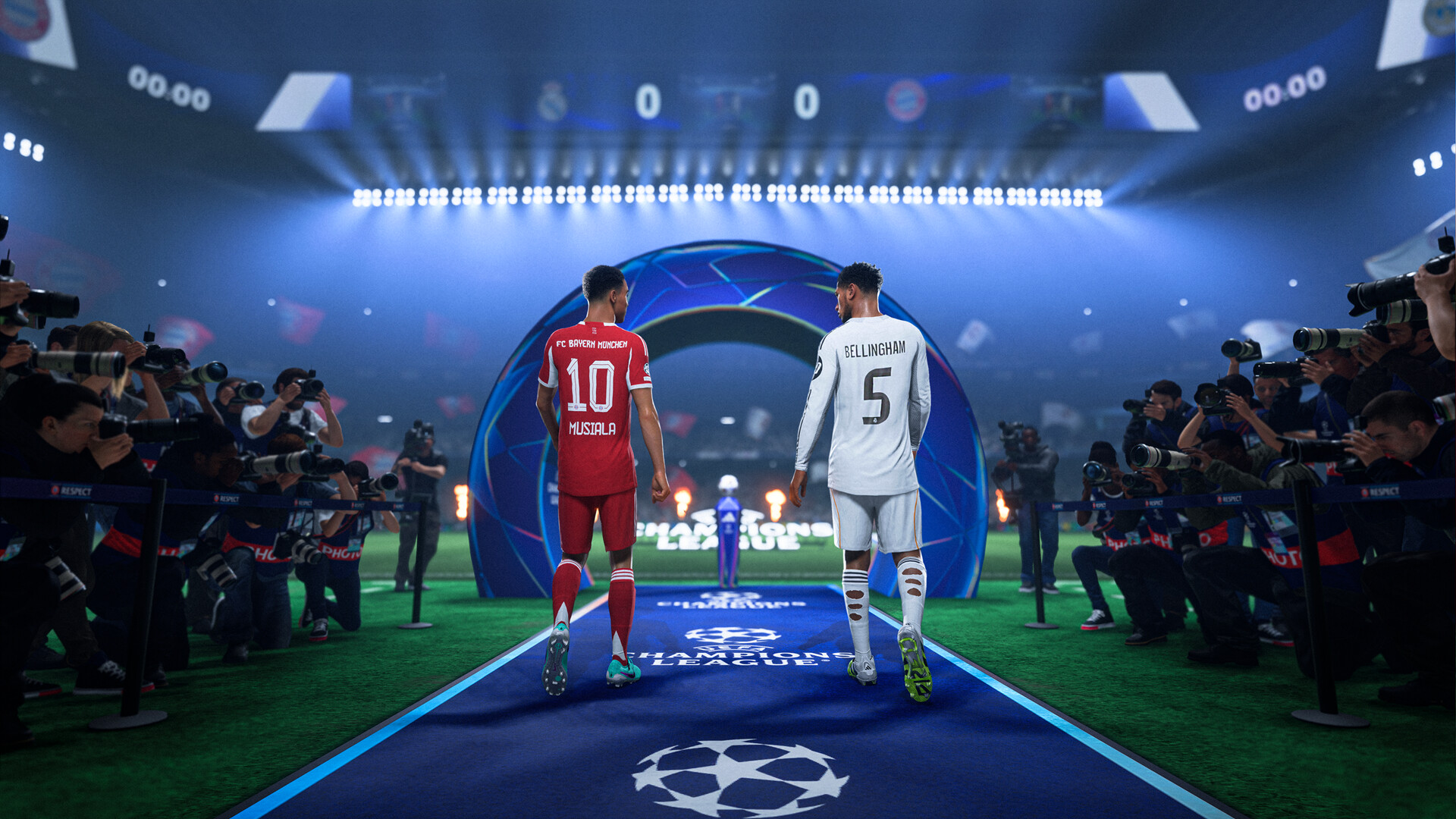 Deux joueurs entrant sur la pelouse dans le tunnel de la Ligue des champions dans EA Sports FC 26