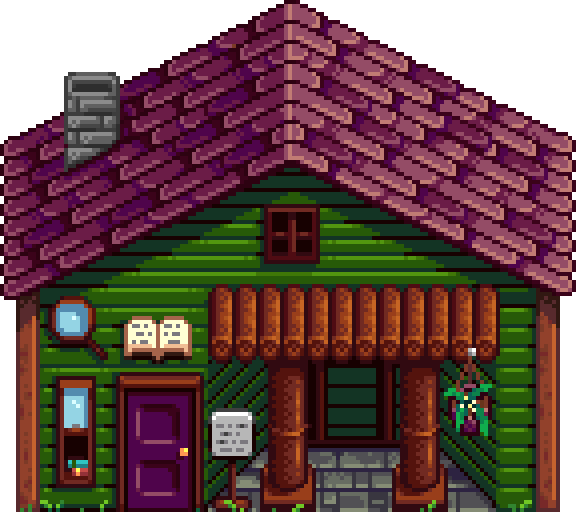 Façade du musée de Stardew Valley : bâtiment en rondins verts au toit violet, avec une loupe et un livre ouvert en enseigne