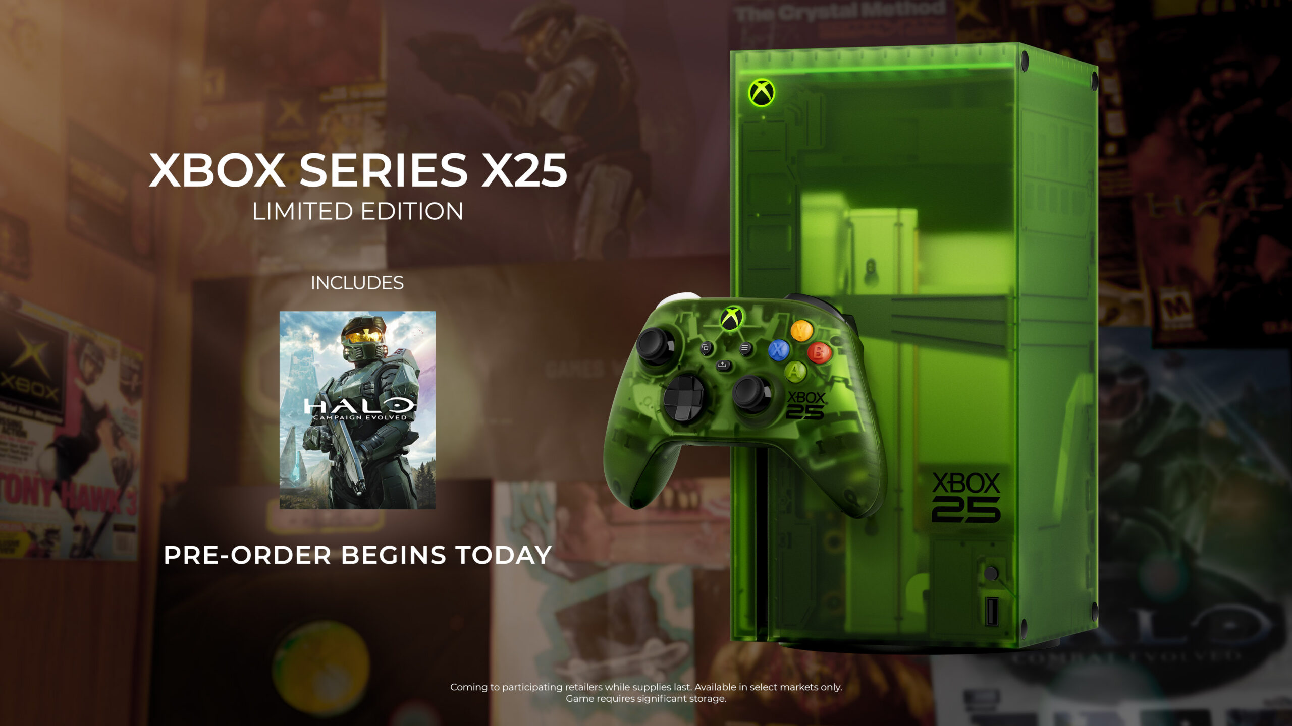Oficjalna grafika limitowanej edycji XBOX Series X25 w przezroczystej zieleni, z dopasowanym kontrolerem i okładką gry Halo: Campaign Evolved