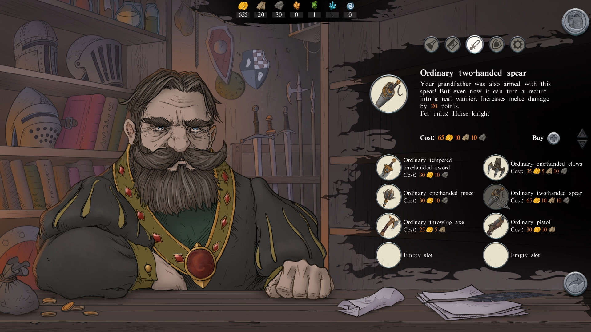 Écran de boutique d'équipement de Stones Keeper: King Aurelius, un marchand barbu face à une liste d'armes libellées en anglais