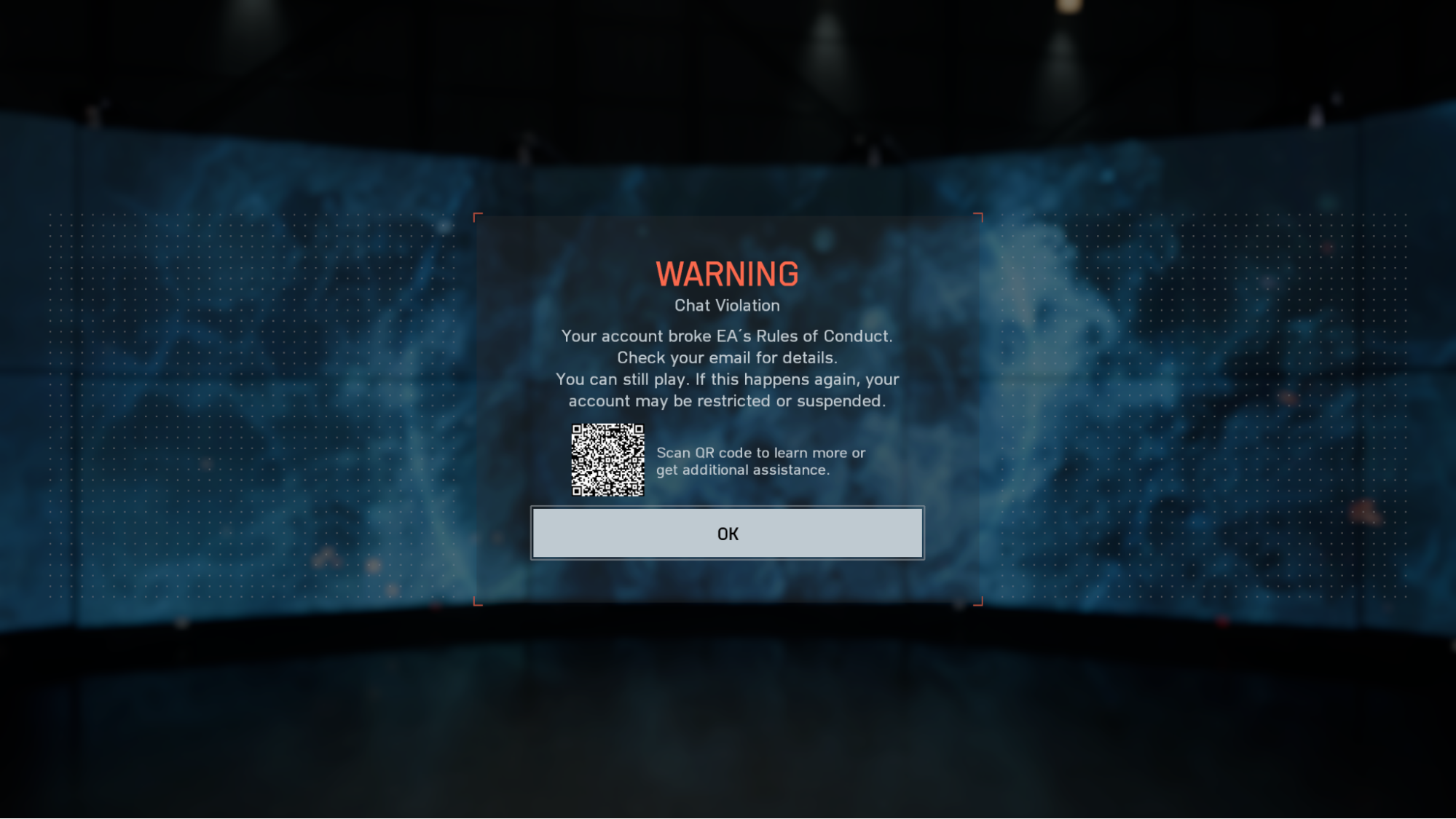 Fenêtre d'avertissement de Battlefield 6 titrée WARNING, sous-titrée Chat Violation, avec un QR code