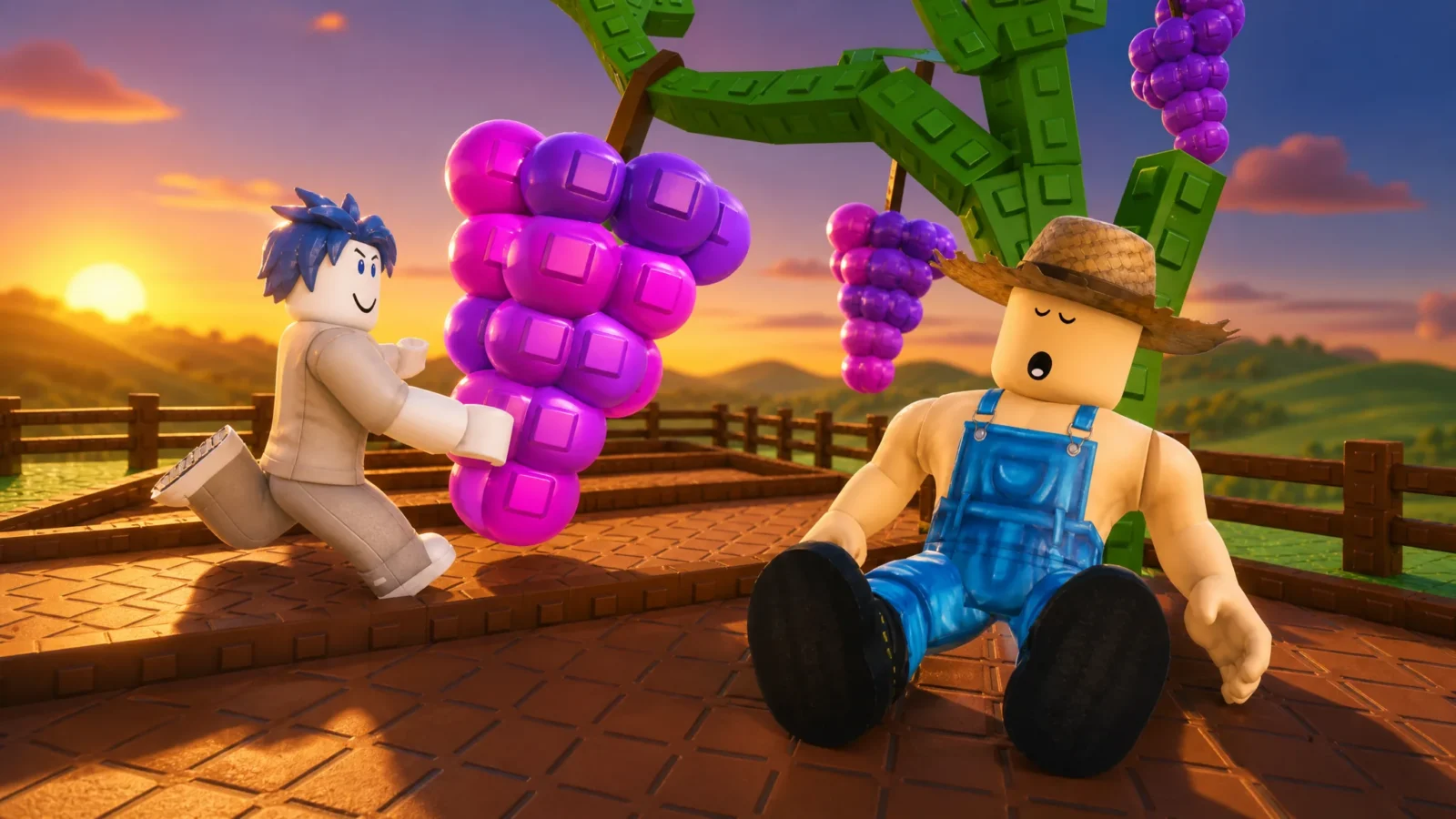 Deux personnages Roblox dans un jardin au coucher du soleil : l'un dort en salopette pendant que l'autre s'enfuit avec une grappe de raisin géante