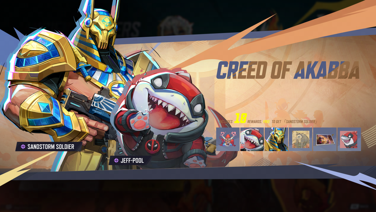 Offizielles Banner des Events Creed of Akabba mit den Kostümen Sandstorm Soldier und Jeff-Pool