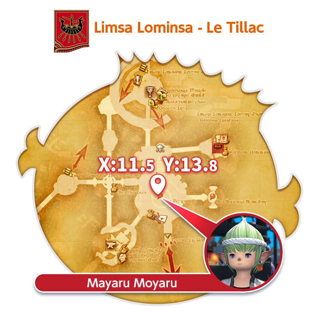 Carte de Limsa Lominsa - Le Tillac indiquant la position de Mayaru Moyaru en X:11.5, Y:13.8