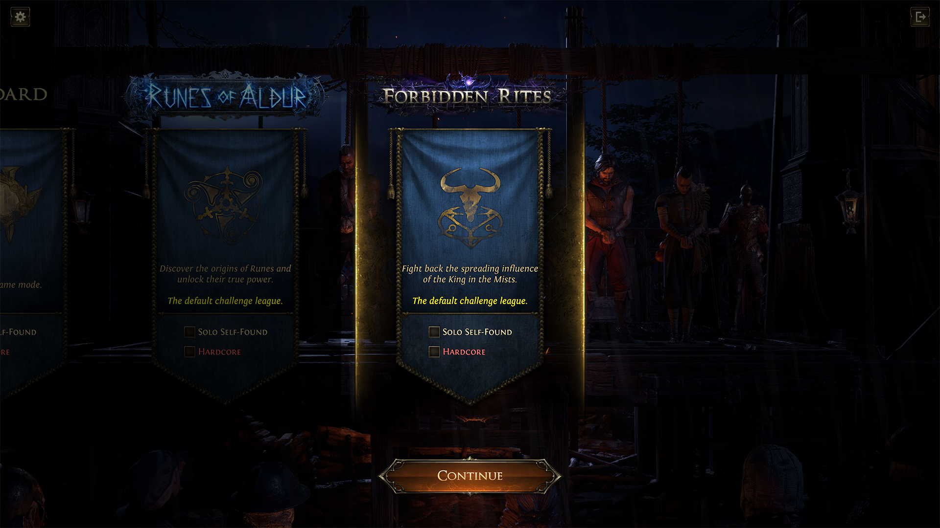 Écran de sélection de ligue de Path of Exile 2 : trois bannières côte à côte, Standard, Runes of Aldur et Forbidden Rites, chacune avec ses cases Solo Self-Found et Hardcore.