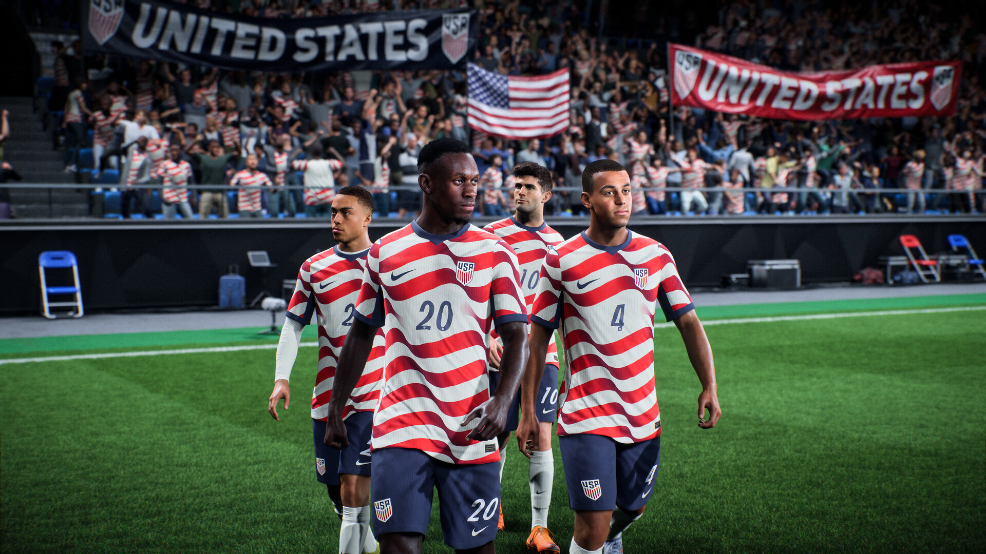 Quatre joueurs de la sélection des États-Unis entrent sur la pelouse devant leurs supporters dans EA Sports FC 26