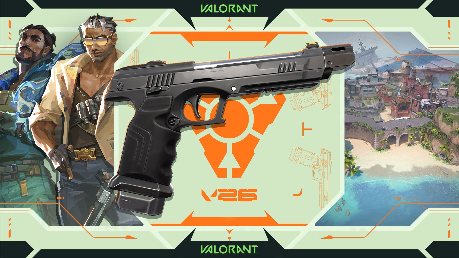 Clé d'art officielle de Valorant pour le patch 12.00, montrant deux agents, le pistolet Bandit et une vue aérienne d'un décor côtier tropical.