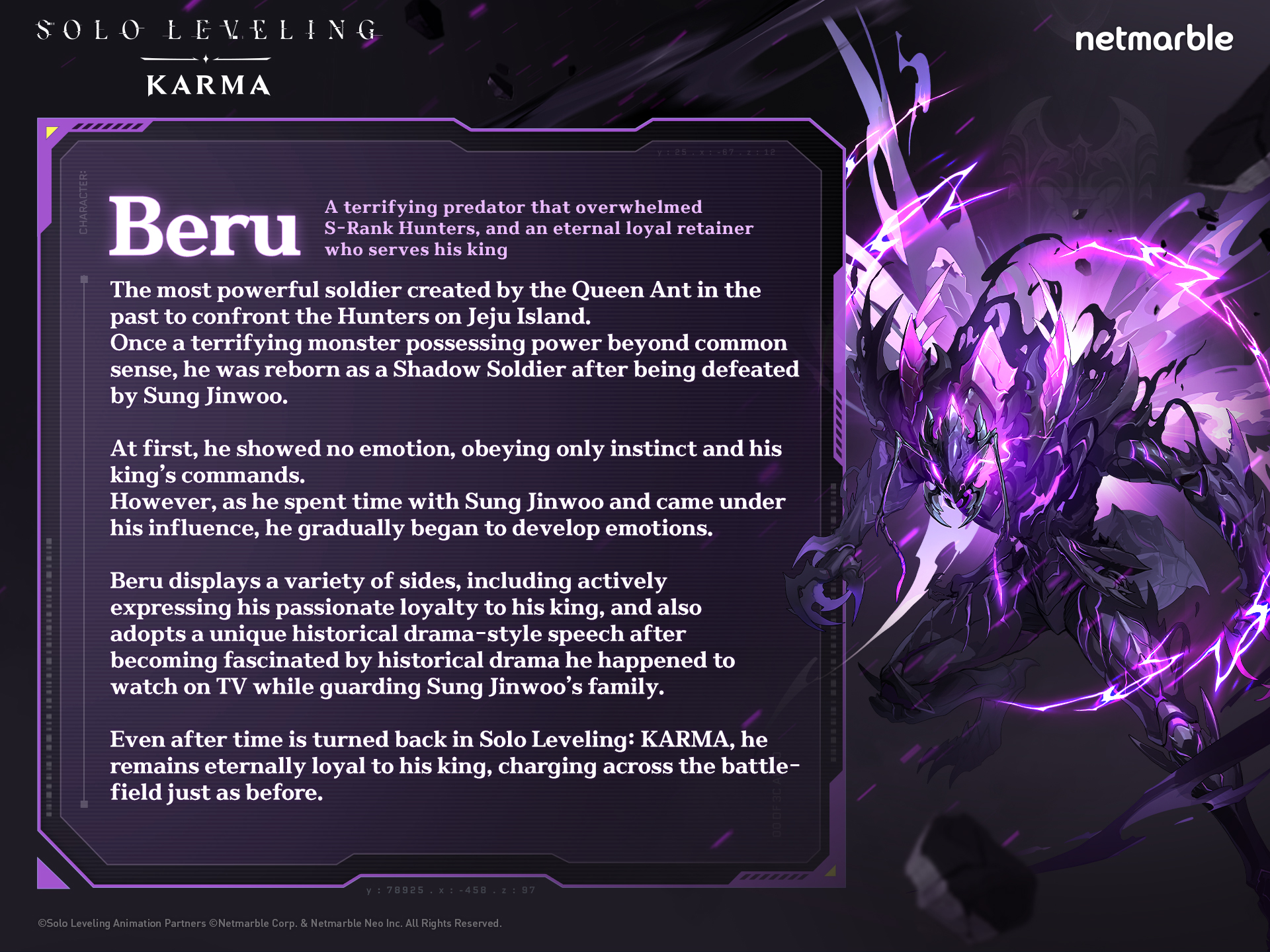 Fiche officielle de Beru pour Solo Leveling: KARMA, l'ombre du roi des fourmis cerclée d'éclairs violets à droite d'un encadré de texte